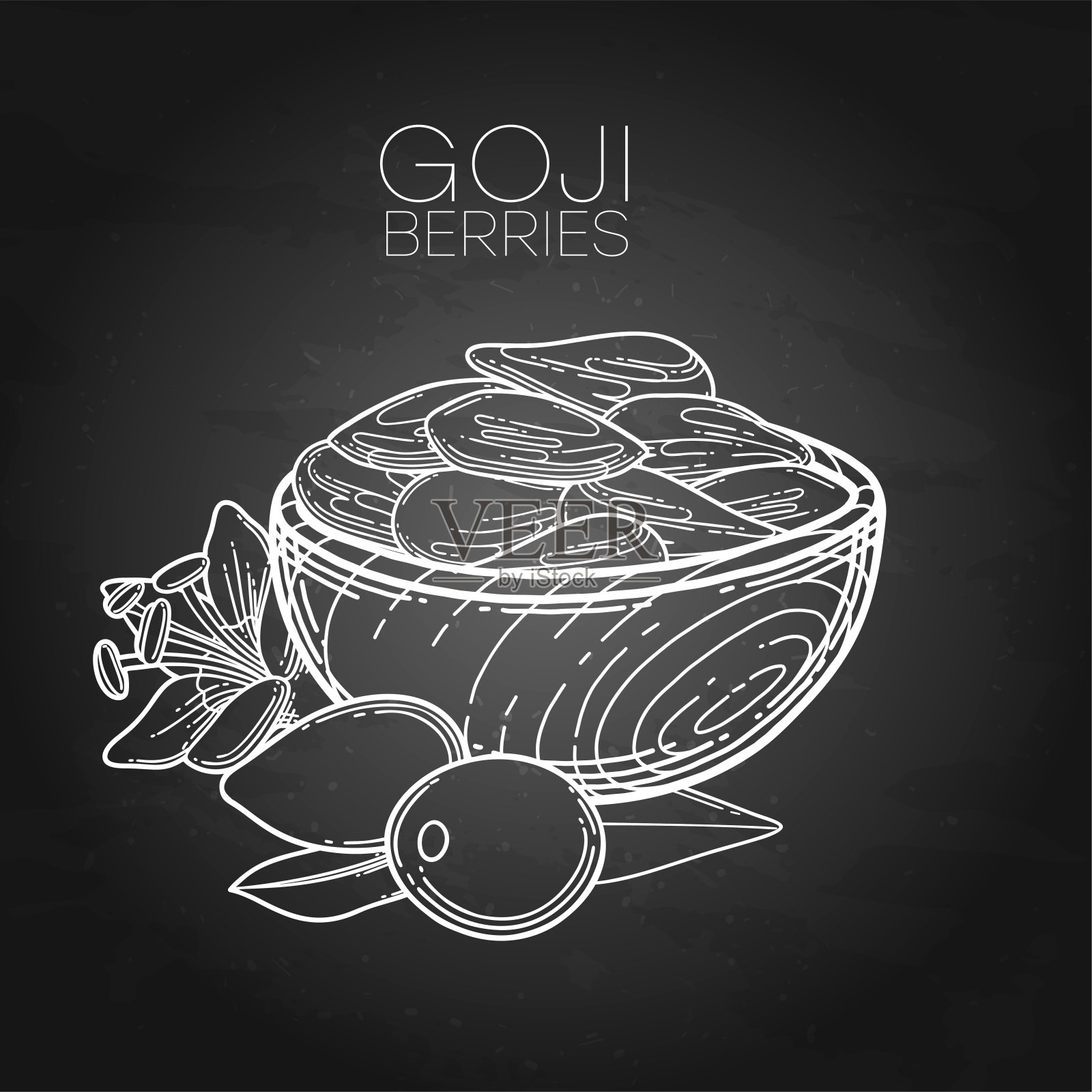 图案木碗，里面有干枸杞。插画图片素材