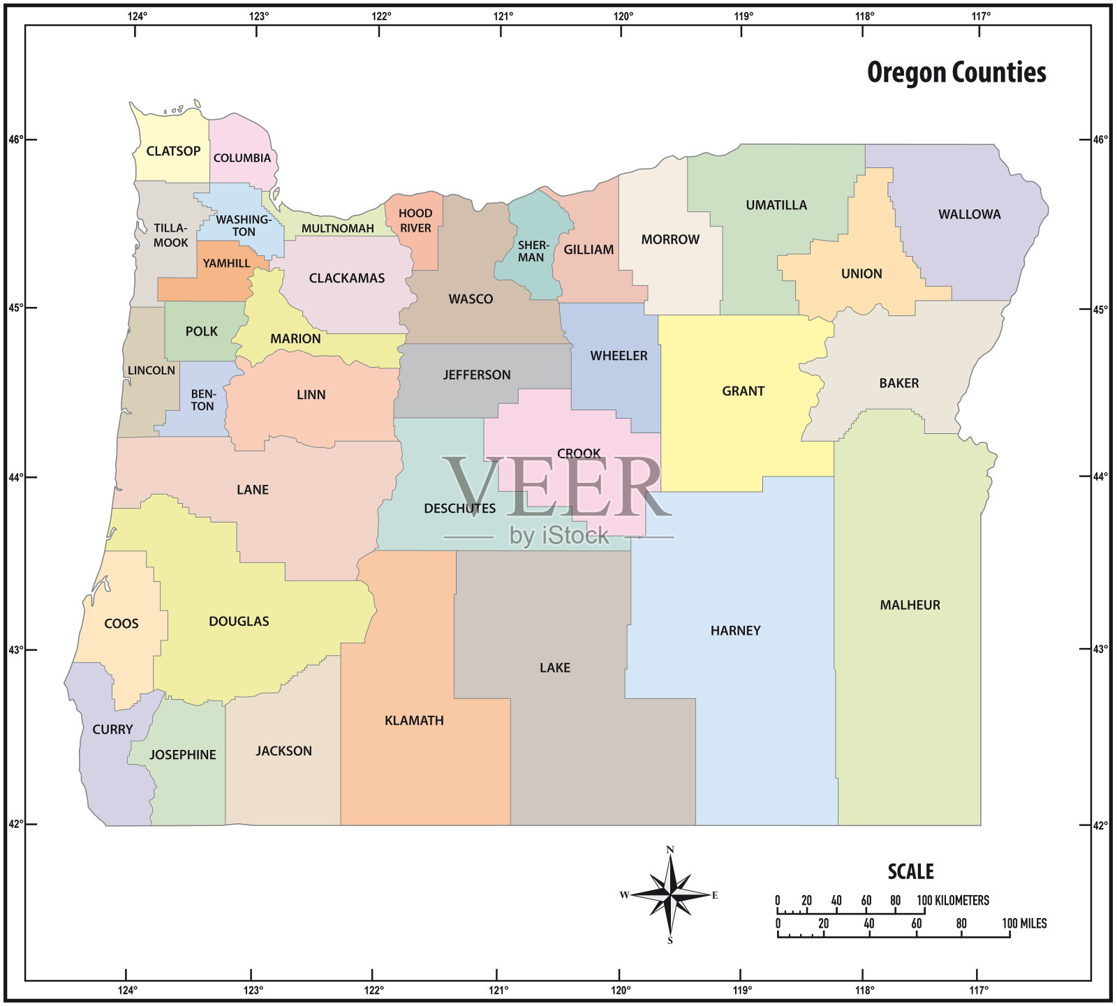 俄勒冈州彩色行政和政治地图大纲插画图片素材