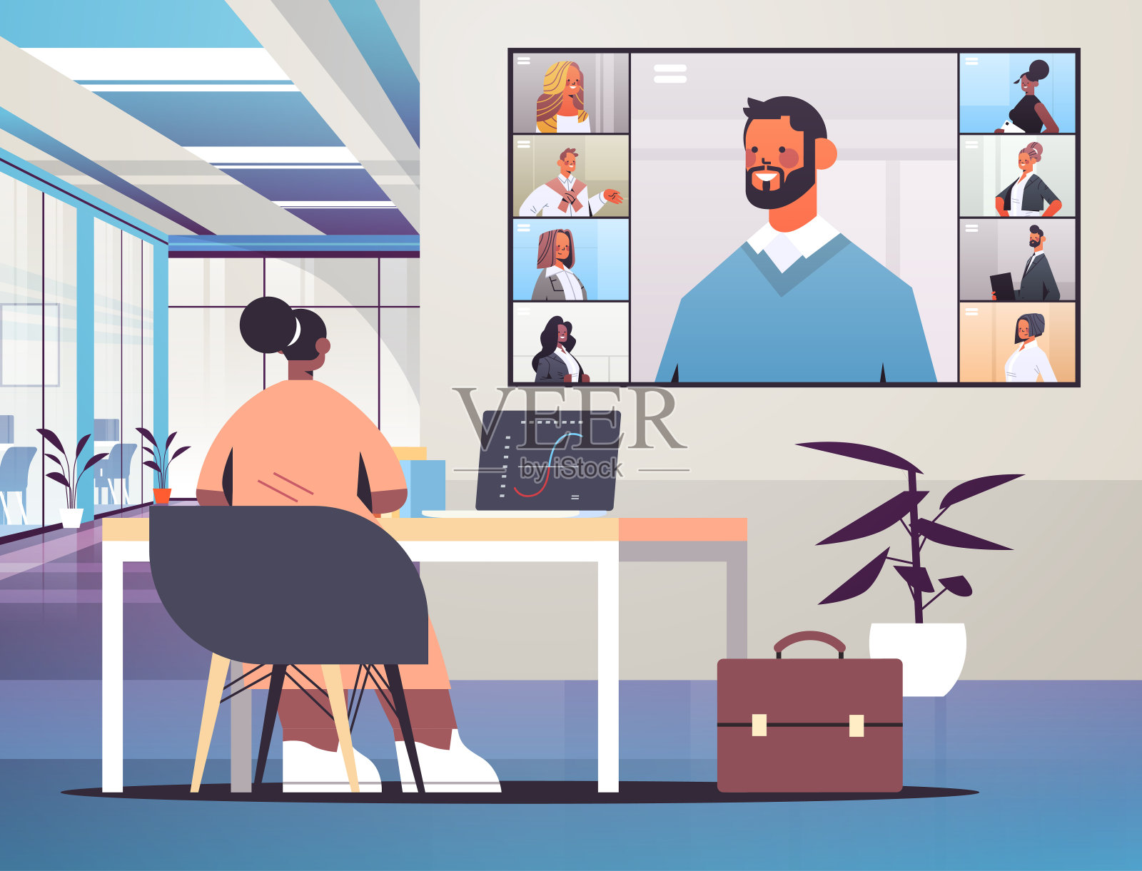 非裔美国女商人在公司在线会议期间与商界人士讨论设计模板素材