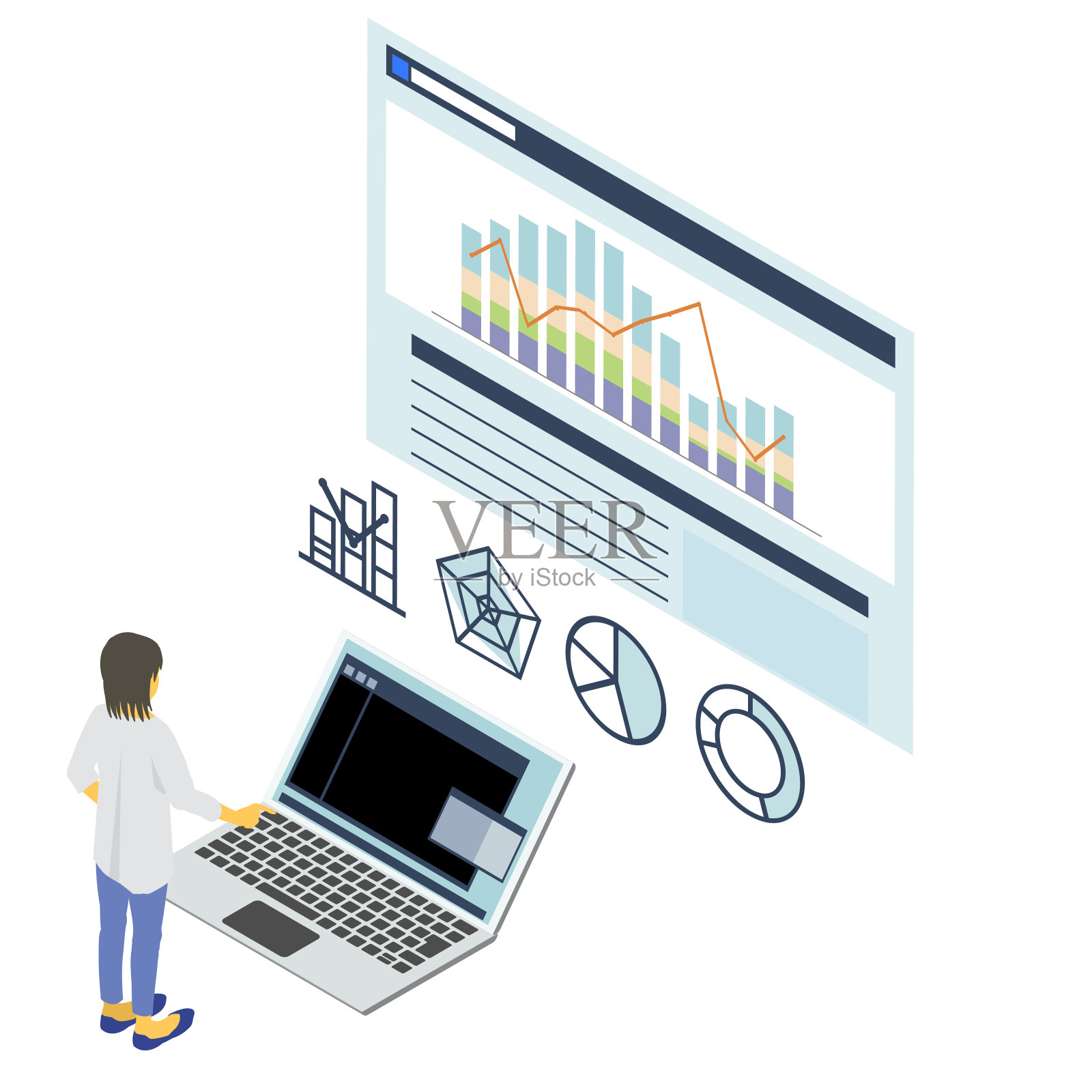 看等距数据图的女人矢量图插画图片素材