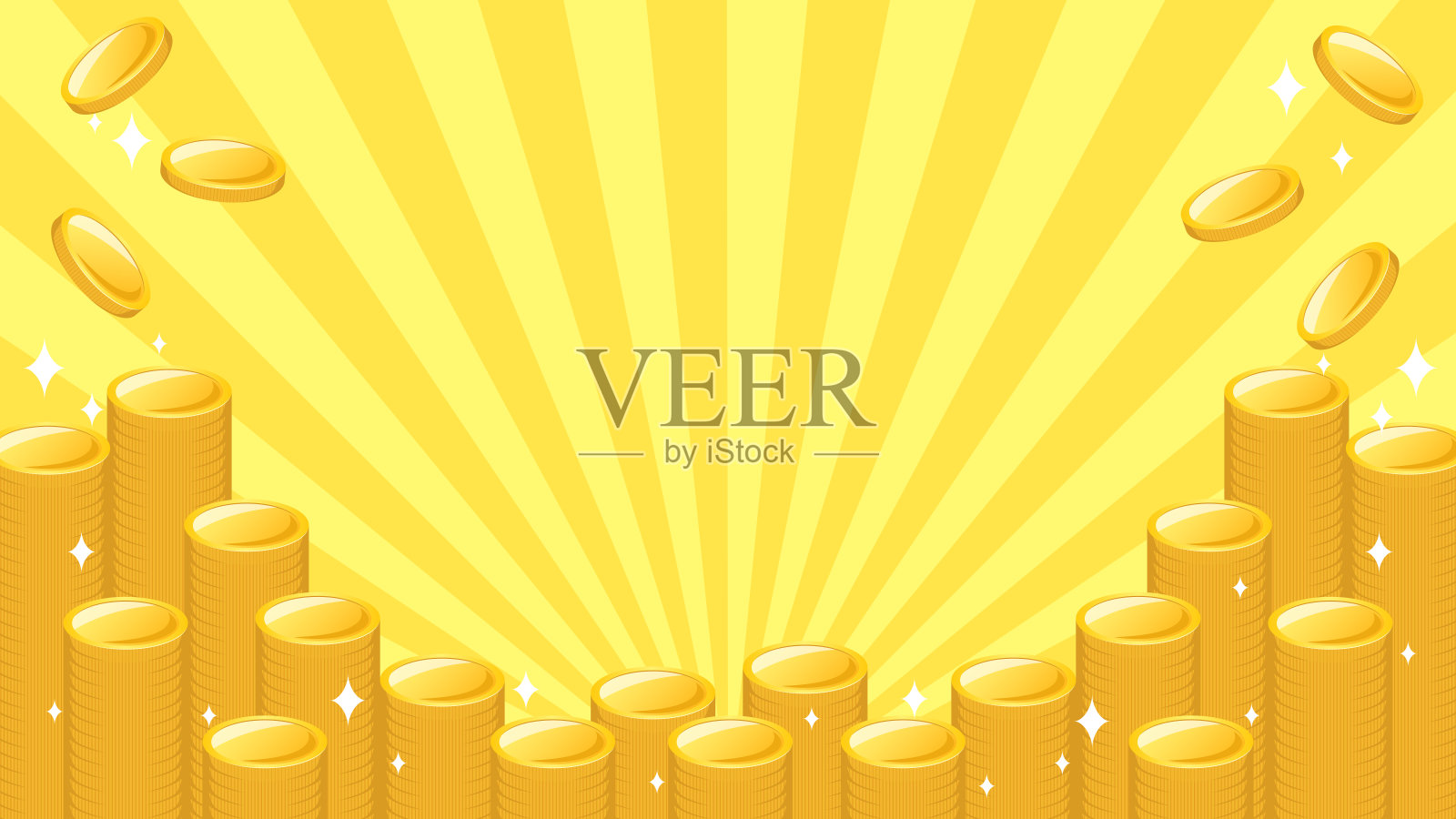 画框背景上大量金币堆砌而成，在背景上闪烁着黄色的集中线条。插画图片素材