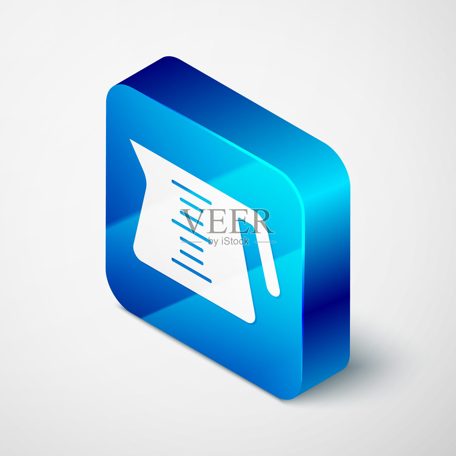 等距咖啡壶图标孤立在灰色背景。蓝色方块按钮。向量图标素材