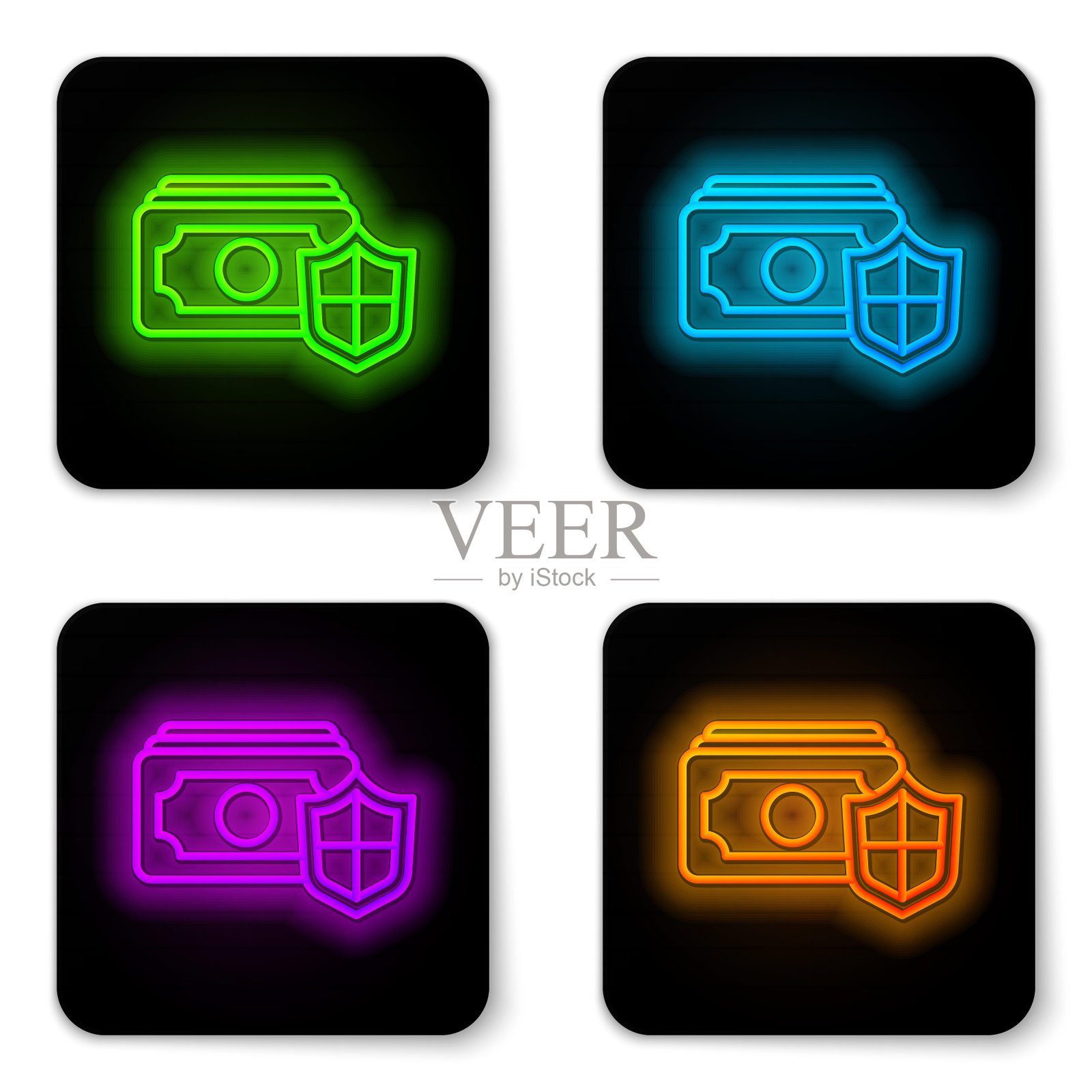 发光的霓虹线金钱与盾牌图标隔离在白色背景。保险的概念。安全、安全、保护、保护理念。黑色方形按钮。向量图标素材