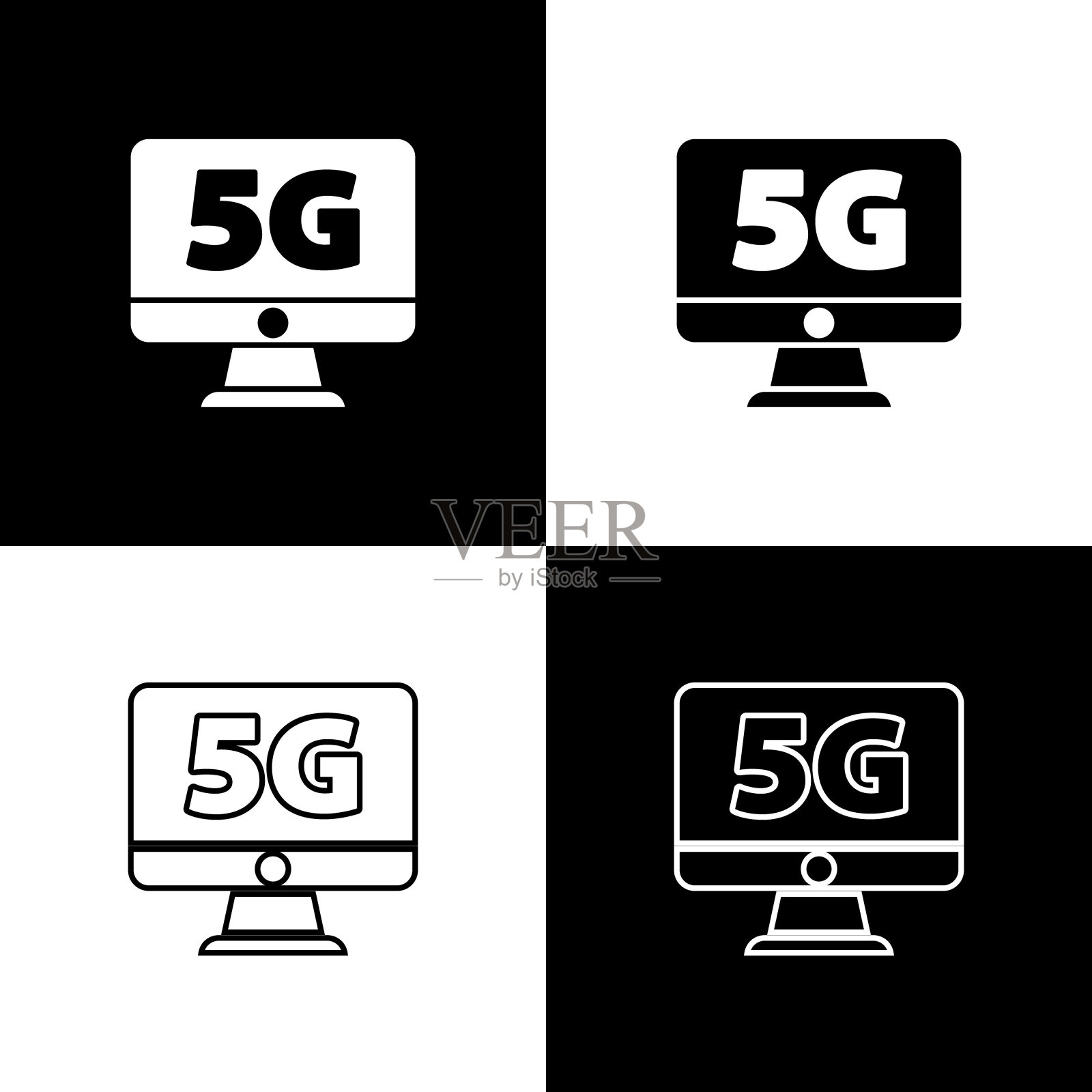 设置监控与5G新的无线互联网wifi图标隔离在黑白背景。全球网络高速连接数据速率技术。向量插画图片素材