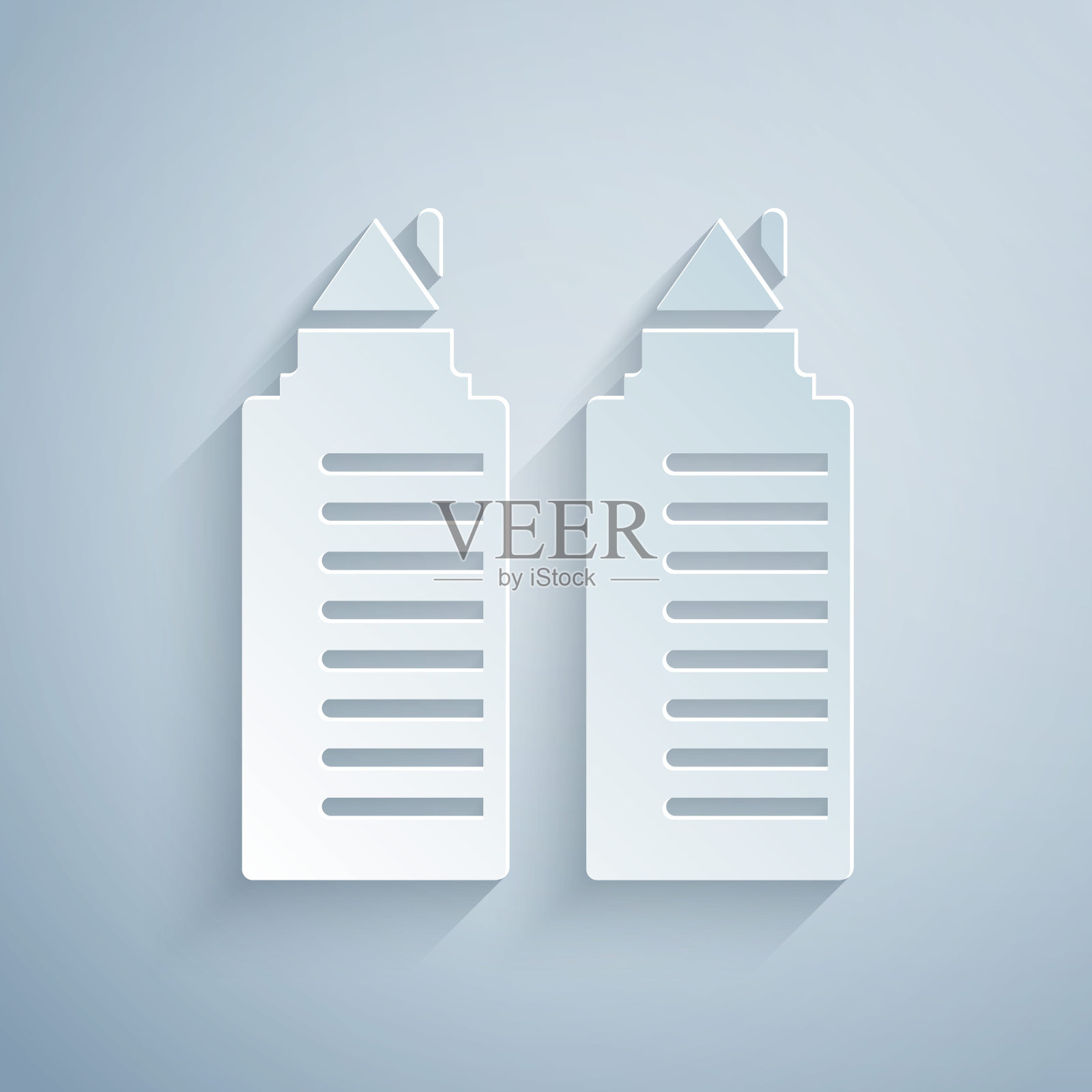 在第聂伯勒城市的标志中，两座高大的住宅塔楼孤立在灰色的背景中。纸艺术风格。向量插画图片素材