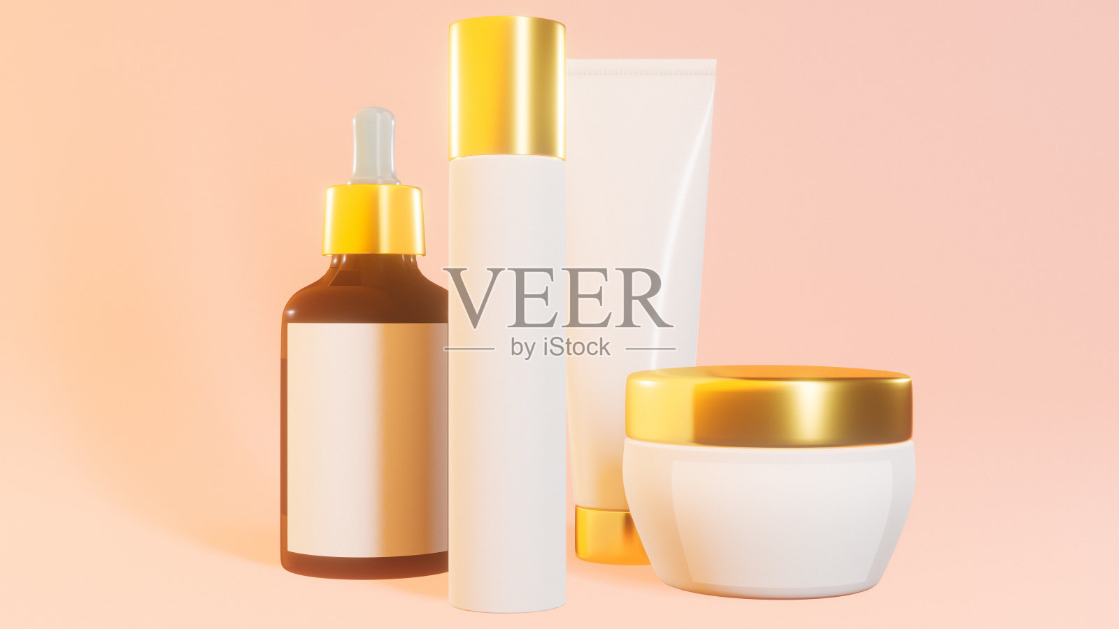 彩妆瓶与黄金插入粉背景，横幅，模型照片摄影图片