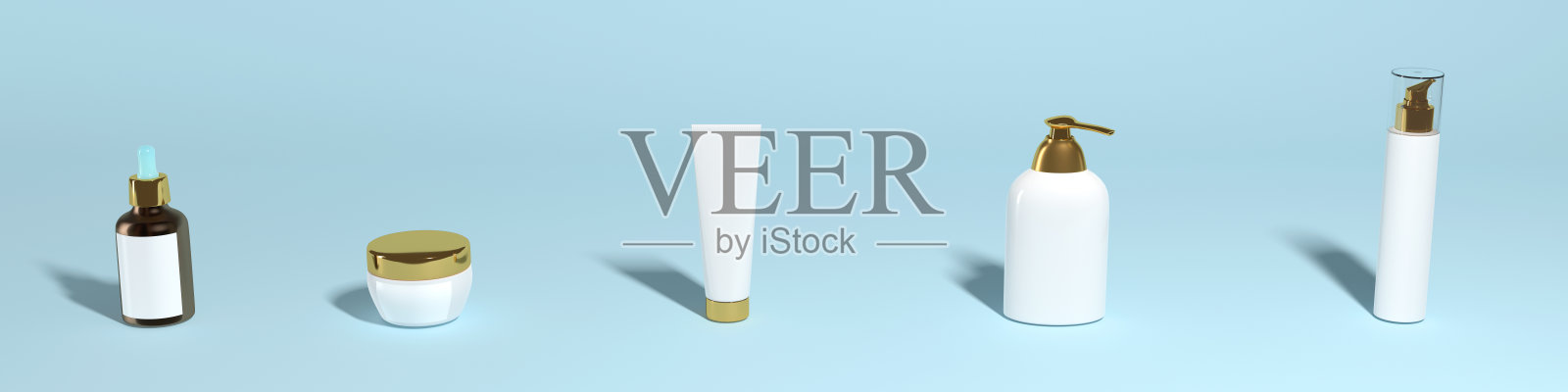 一套化妆品罐上的蓝色背景，横幅，动作捕捉照片摄影图片