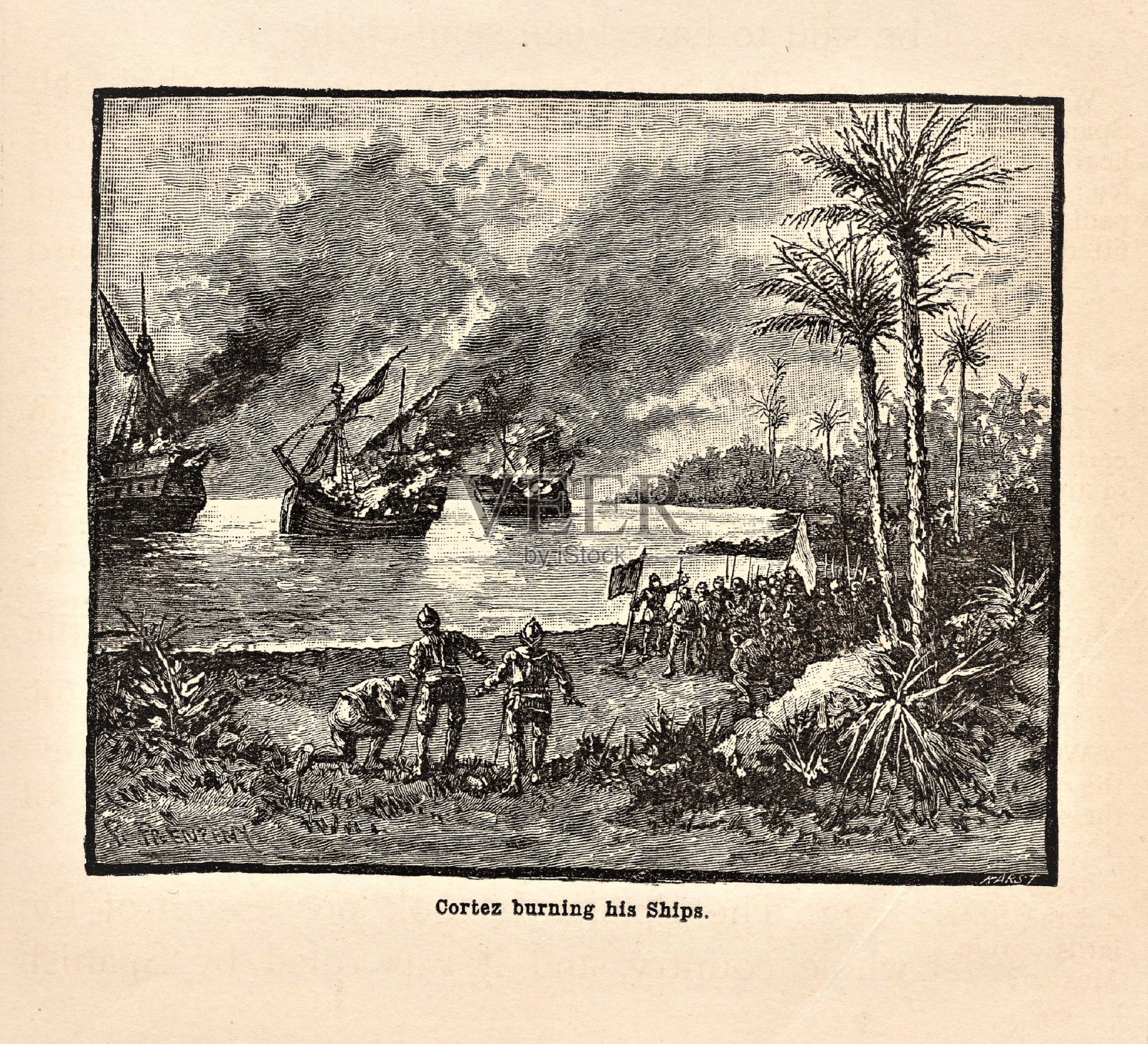 1519年，在墨西哥的维拉克鲁斯，科尔特斯烧毁了他的船只插画图片素材