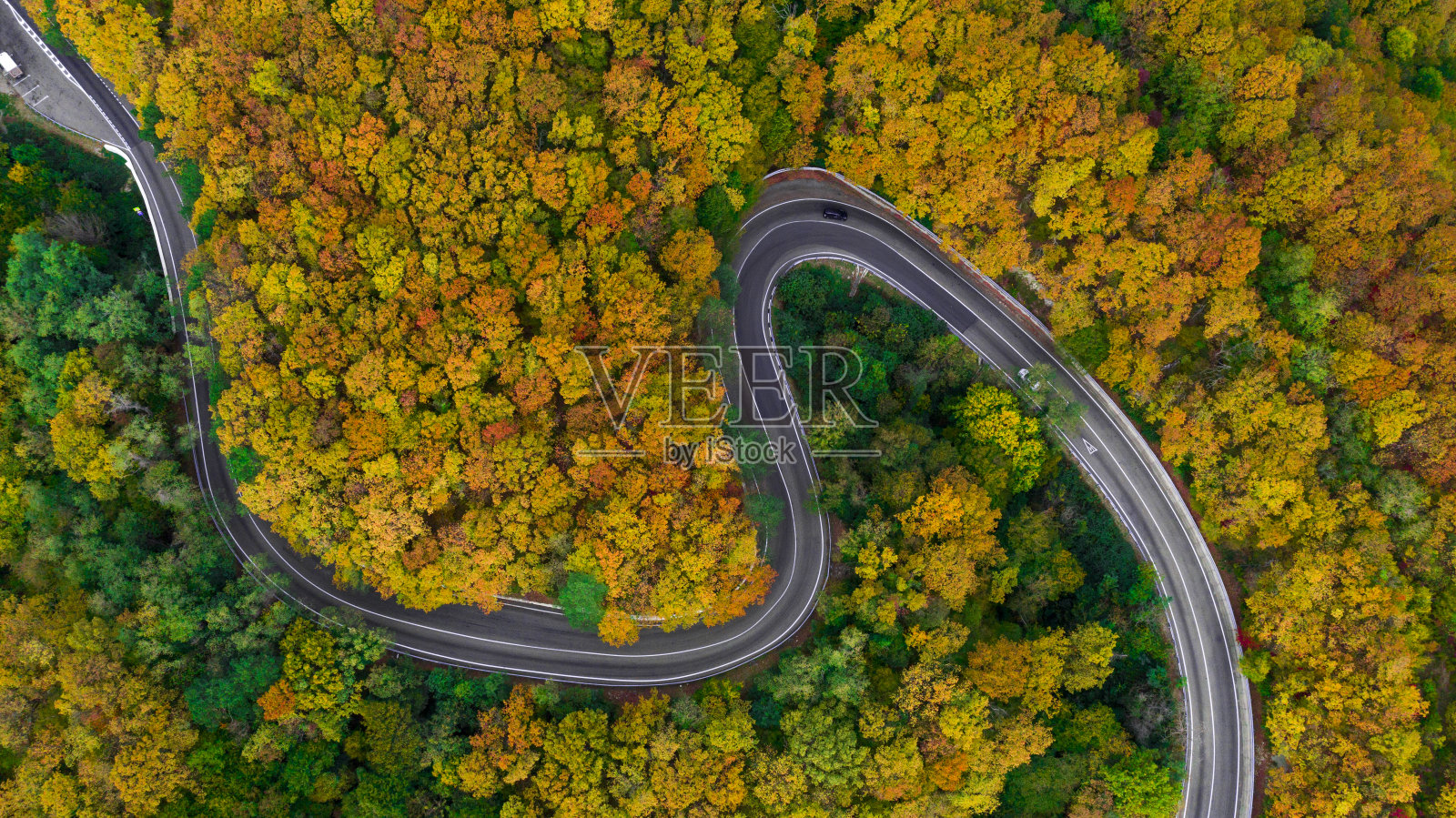 沿海山道，鸟瞰海滨度假胜地，蛇形山道，鸟瞰海岛海滨路，山边背地森林秋季。照片摄影图片