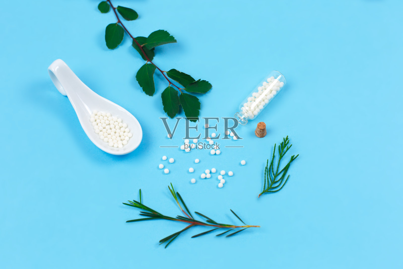 装有顺势疗法药物的瓶子和蓝色背景的绿色不同的叶子。照片摄影图片