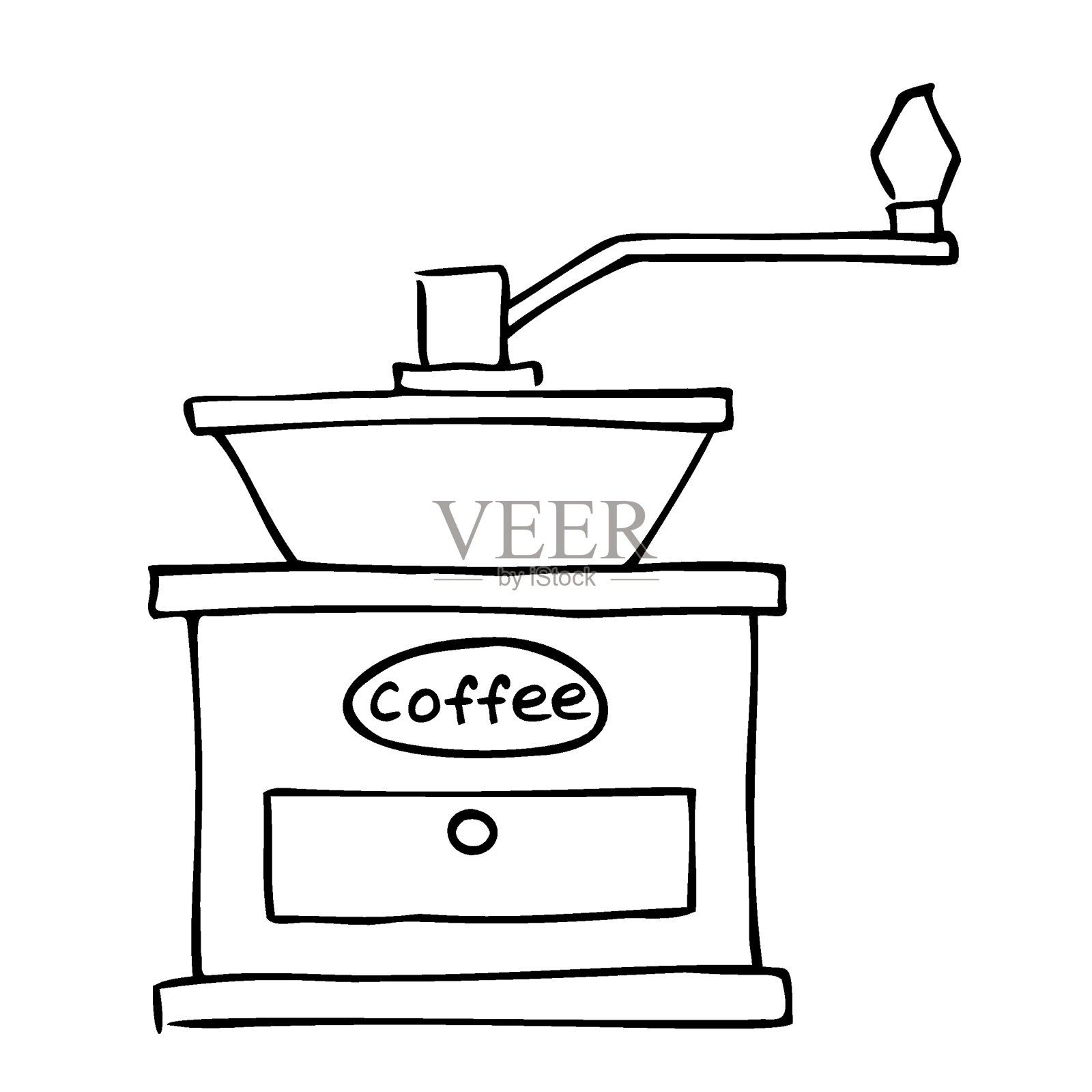 手工咖啡研磨机。方形，有抽屉，碗和把手。带有题词的咖啡。手绘轮廓图，矢量图。插画图片素材