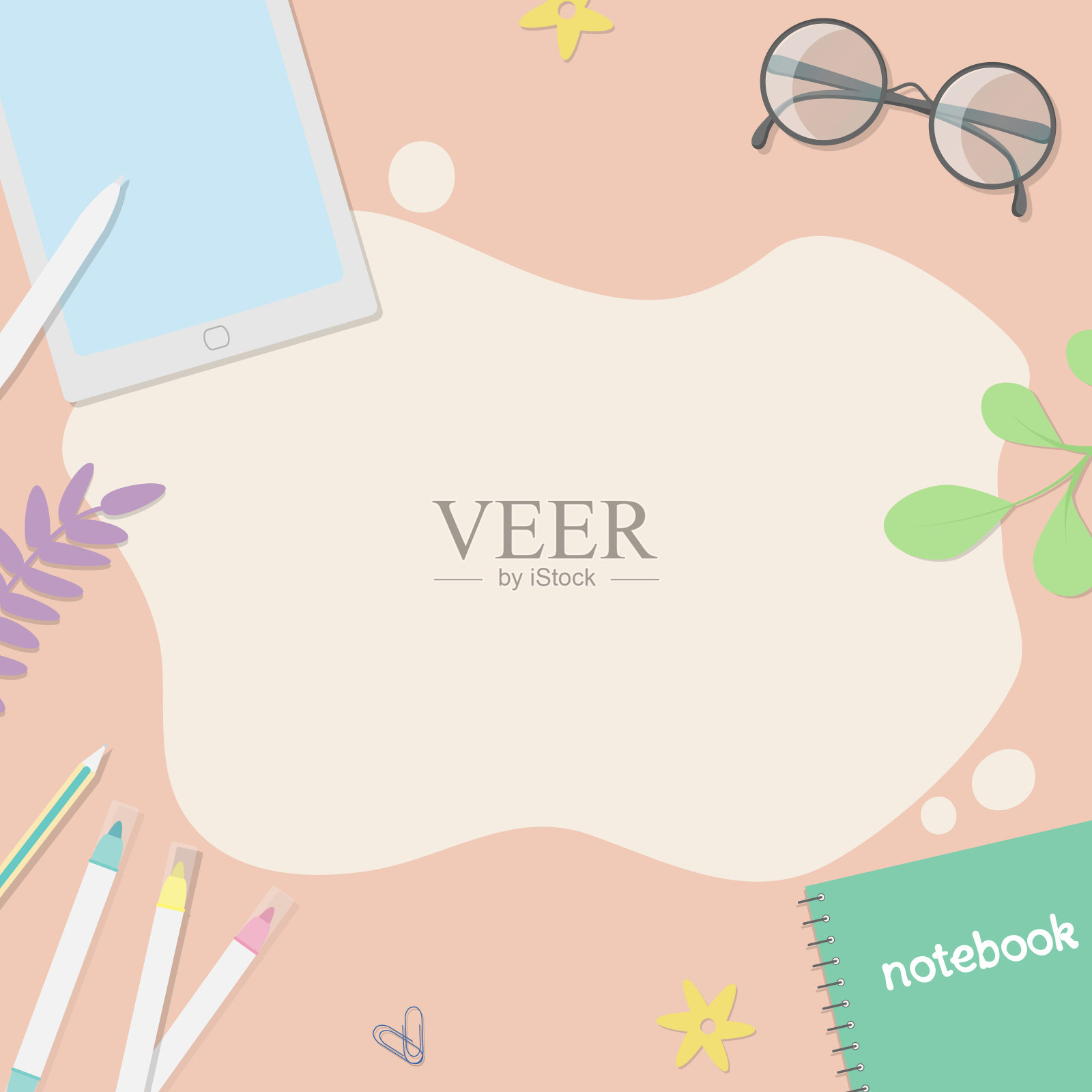 矢量插图的毡笔，ipad，眼镜等。艺术工作场所在平面卡通风格，俯视图。插画图片素材