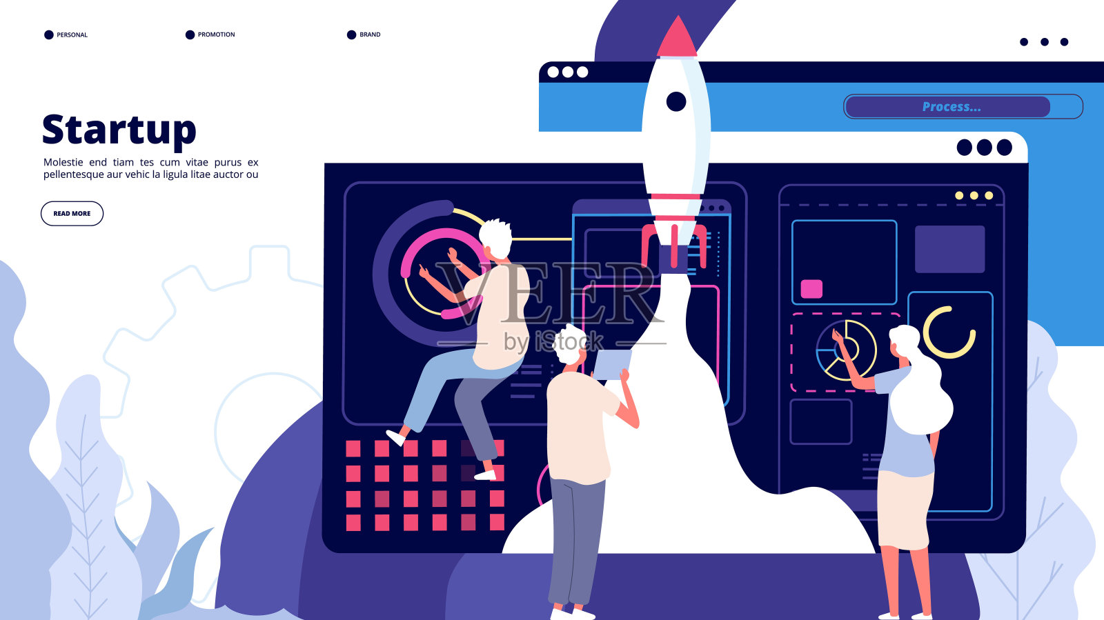 启动着陆。人成功发射宇宙飞船火箭，启动创业创新项目。启动应用向量概念插画图片素材