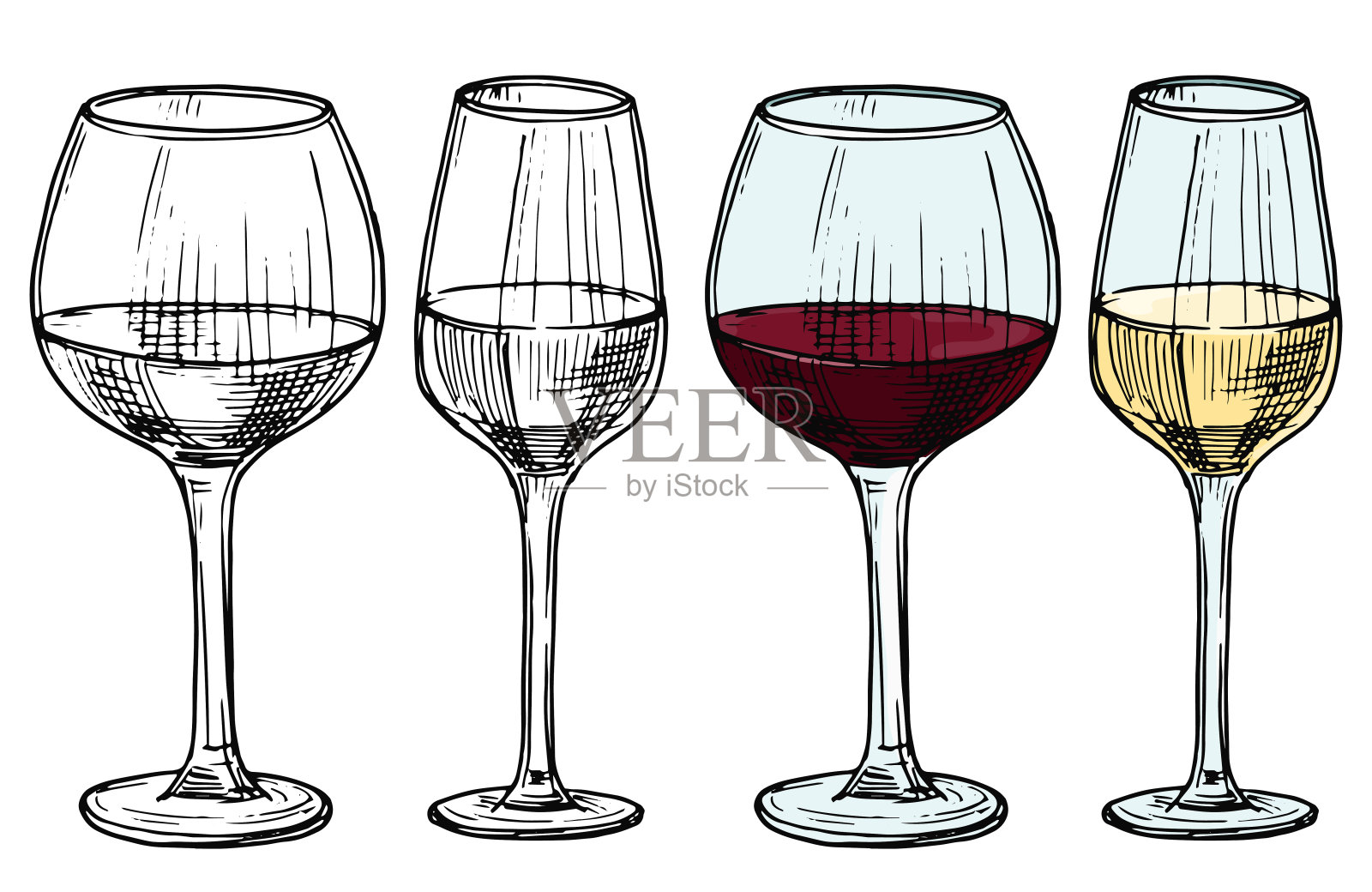 手绘眼镜与红和白葡萄酒矢量插图设计元素图片