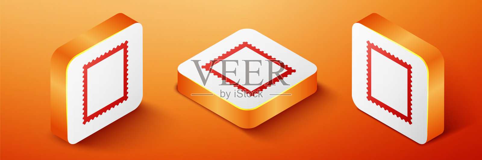 等距邮政邮票图标孤立在橙色背景。橙色平方按钮。向量图标素材