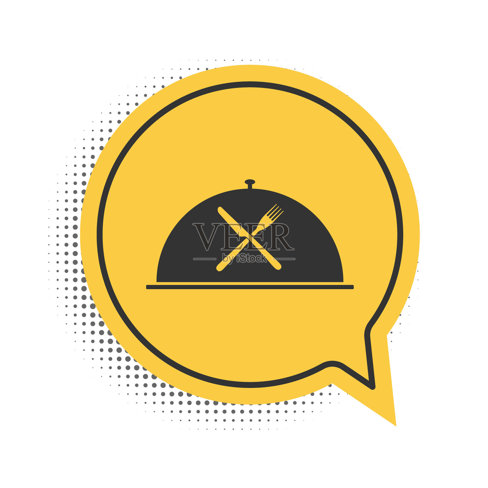 黑色钟表与交叉叉和刀图标孤立在白色背景。餐厅的象征。黄色语音气泡符号。向量插画图片素材