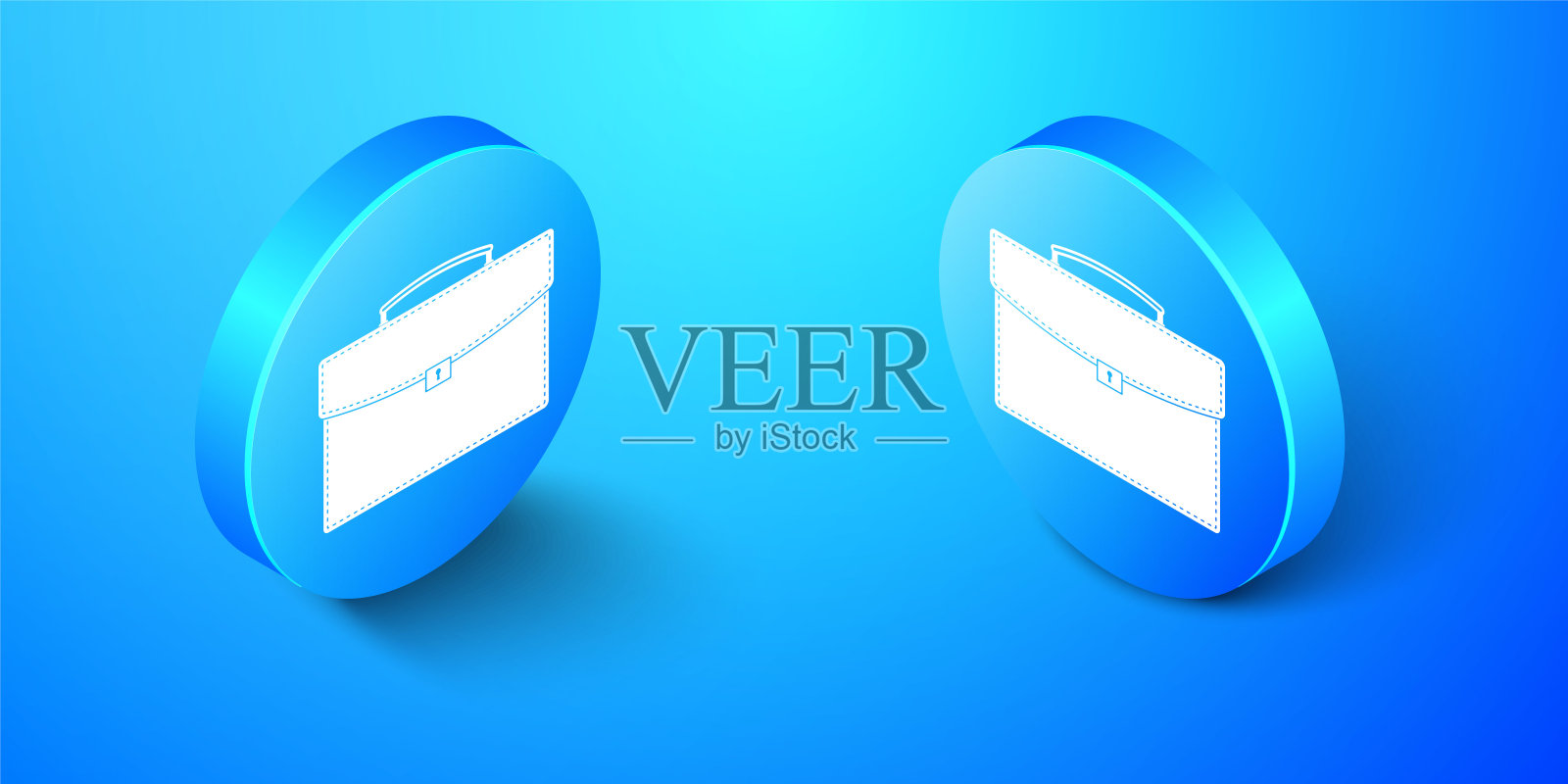 蓝色背景上孤立的等距公文包图标。业务案例标志。业务组合。蓝色圆圈按钮。向量插画图片素材