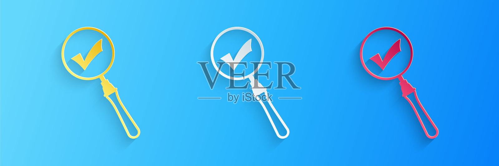 剪纸放大镜和检查标记图标孤立在蓝色背景。放大镜和批准，确认，完成，标记，完成的符号。纸艺术风格。向量插画图片素材