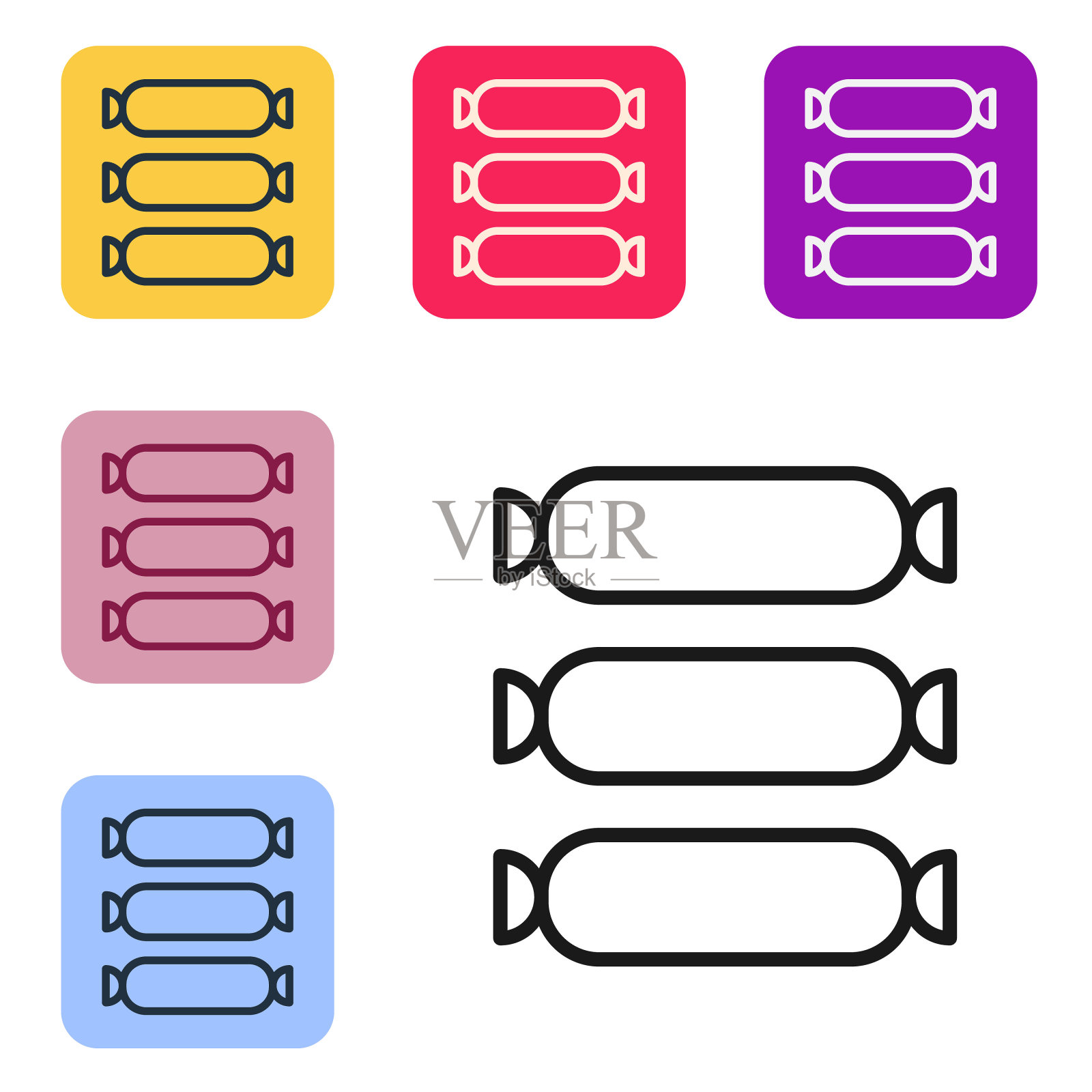 黑线香肠图标孤立在白色背景上。烤香肠和香气的标志。设置图标的颜色方形按钮。向量插画图片素材