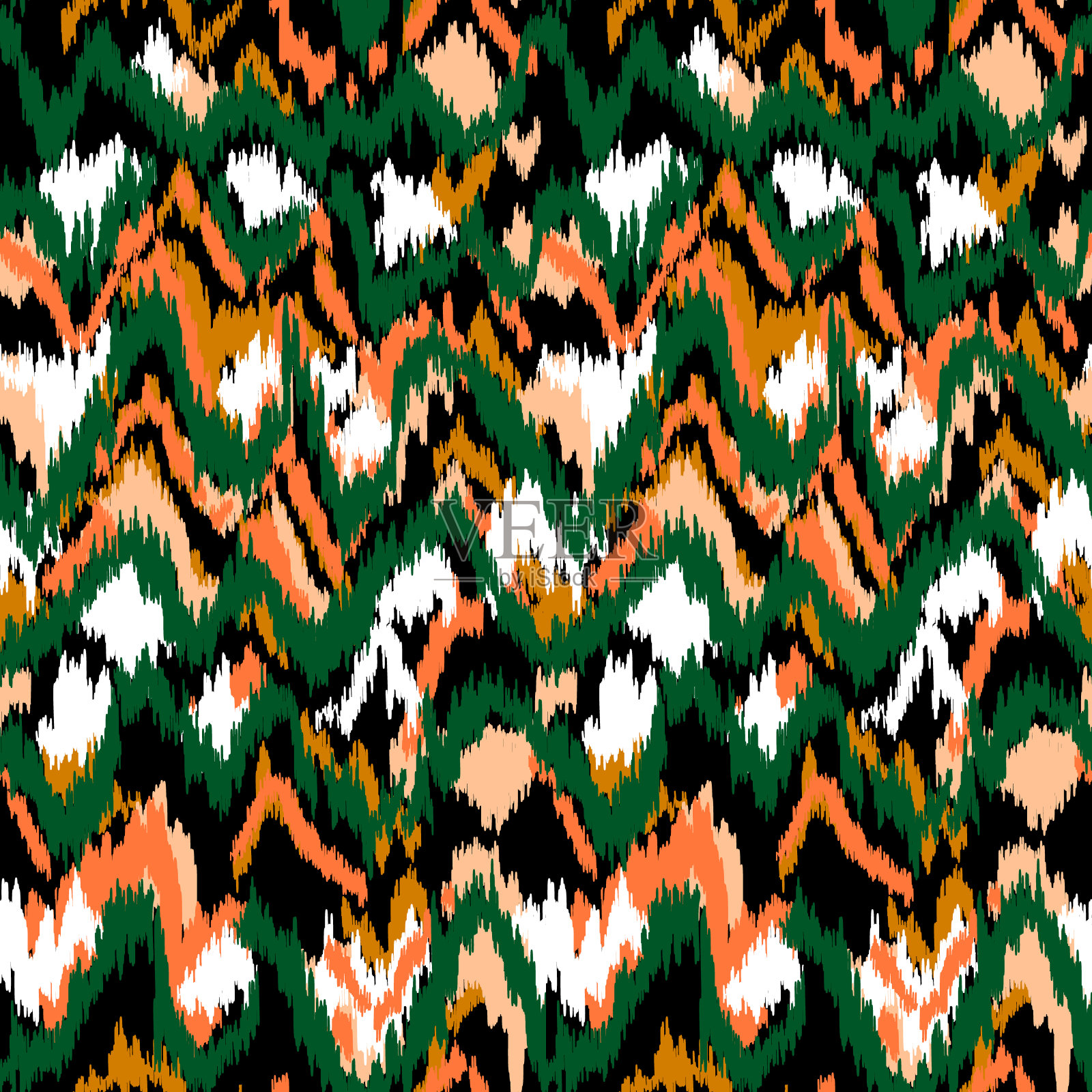 色彩丰富的线条，曲折的图案搭配时尚的色调。几何摩洛哥地毯与之字形装饰。伊卡特模式。抽象背景的纺织品设计，墙纸，表面纹理，包装纸。插画图片素材