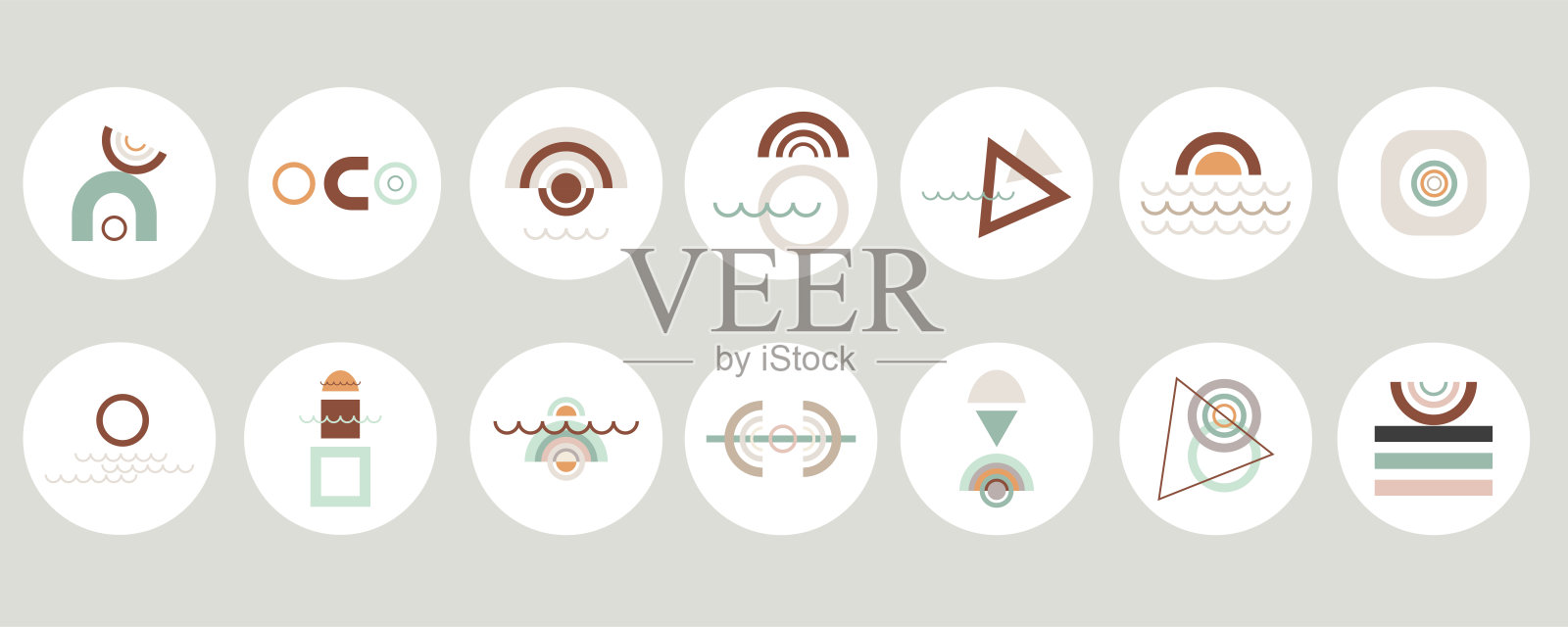 为社交媒体内容设置各种抽象几何封面亮点。圆形的现代图标。圆形，拱形，直线。商标，名片，品牌书，文具和印刷品的设计。插画图片素材