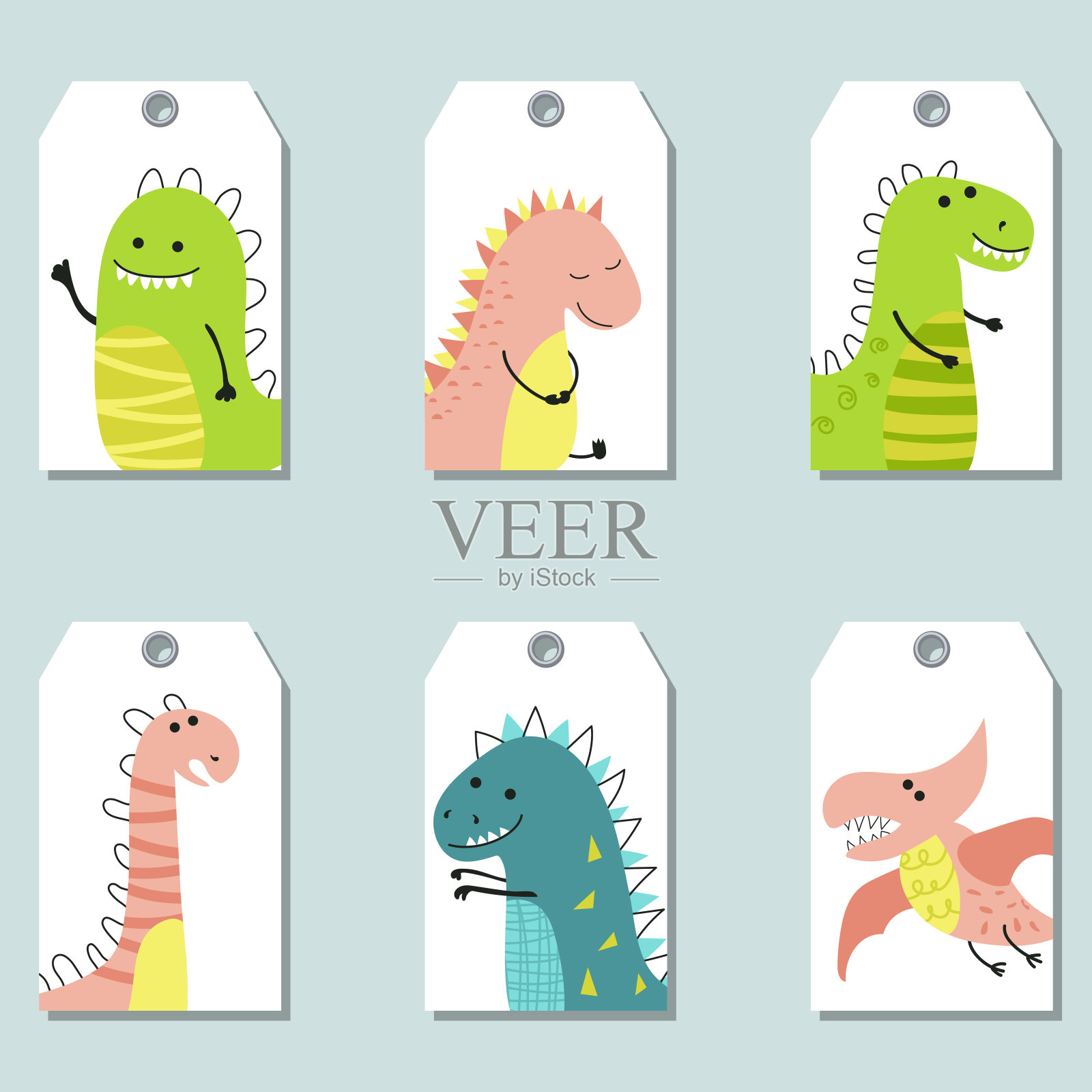 一套可爱的创意卡片与恐龙。插画图片素材