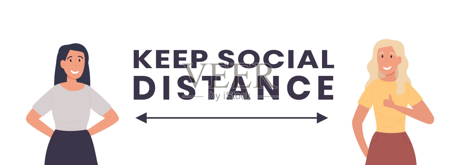 保持社交距离。两个女人站在远处。预防冠状病毒传播的公共社会行动概念。预防病毒的矢量图插画图片素材