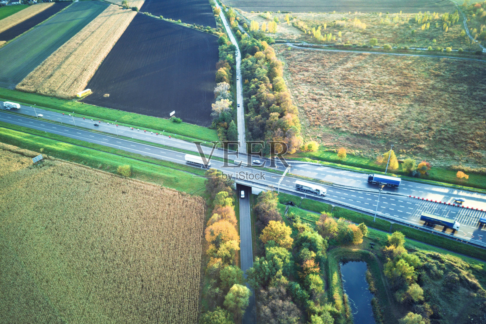 高速公路和许多田野有树，桥，顶视图照片摄影图片