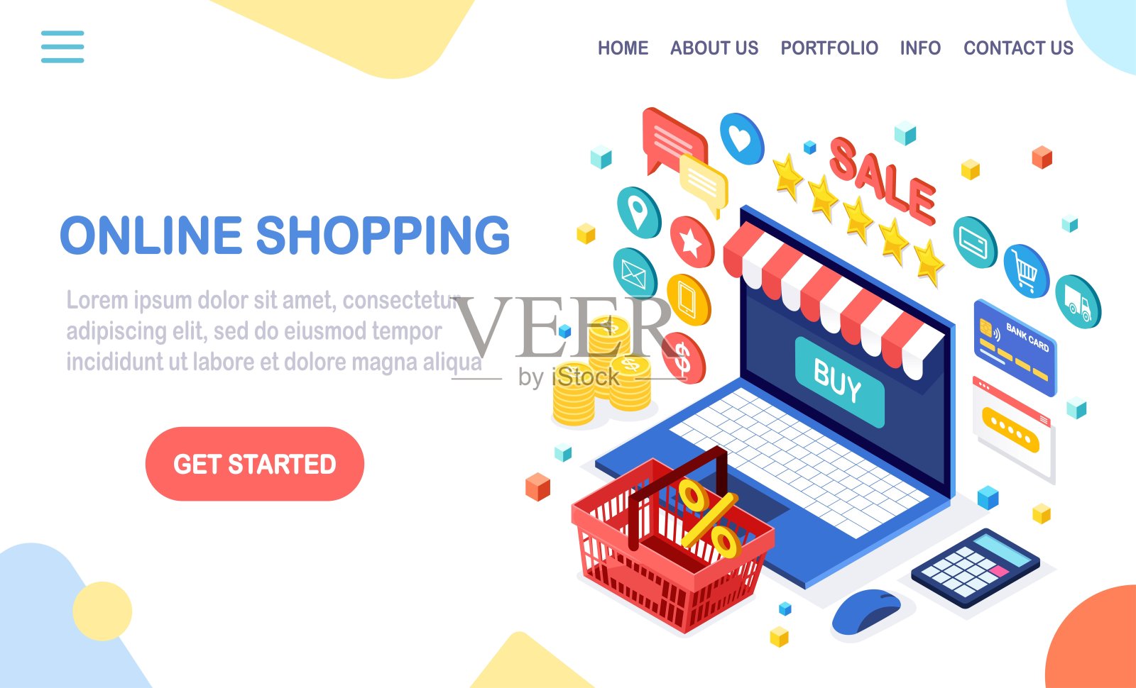 网上购物，销售理念。在网上零售店购买设计模板素材