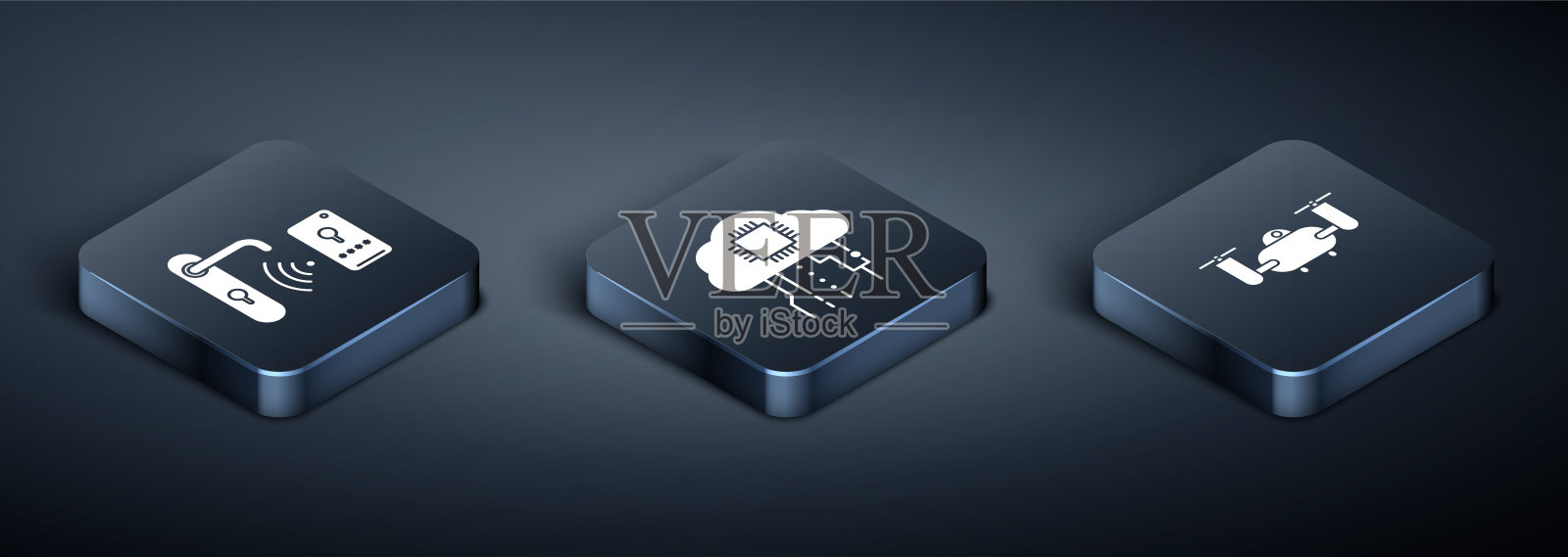 配有无线解锁技术的等距数字门锁，配有运动摄像头和物联网图标的无人机飞行。向量插画图片素材