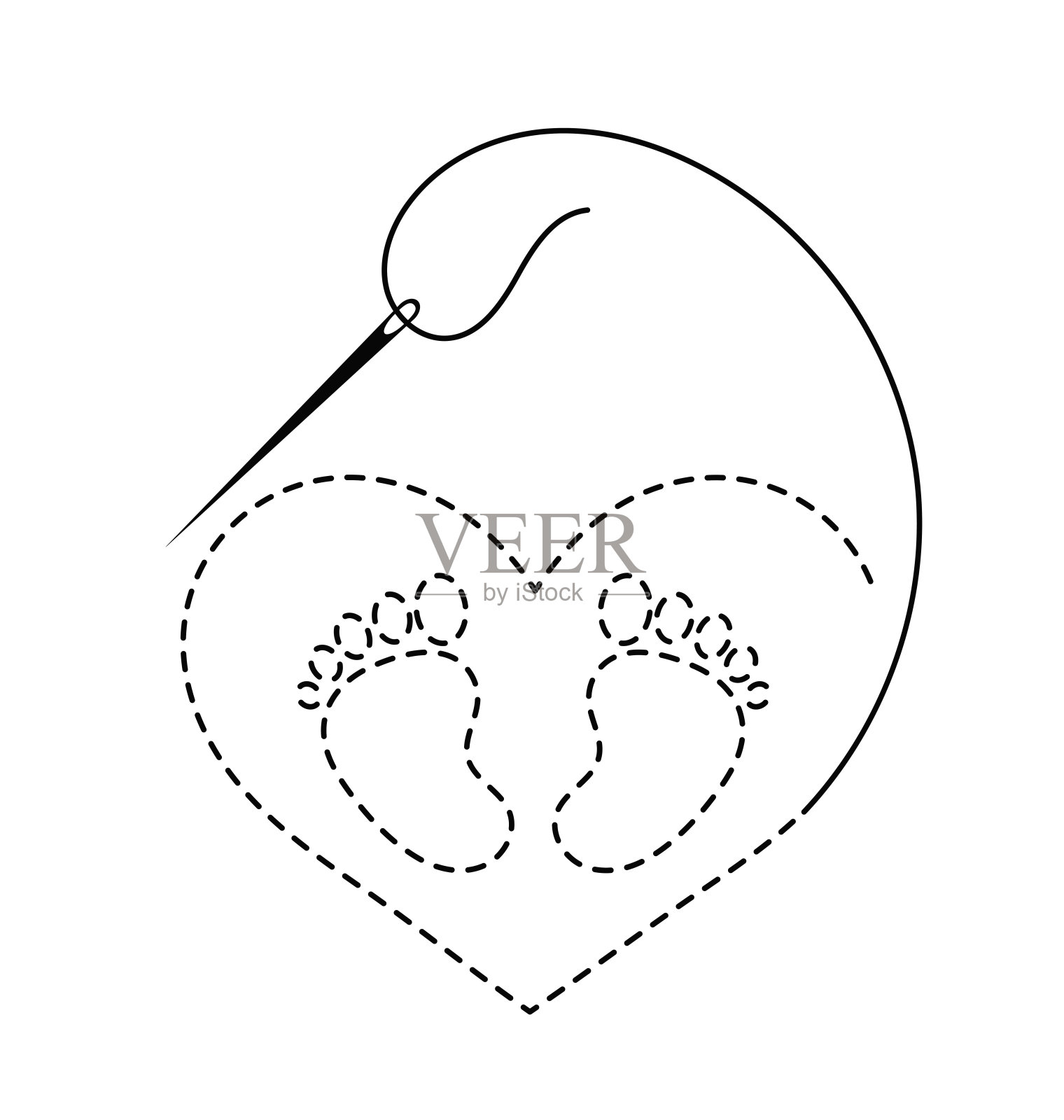 天鹅或鹳形剪影由刺绣心，线和缝纫针和婴儿脚。插画图片素材