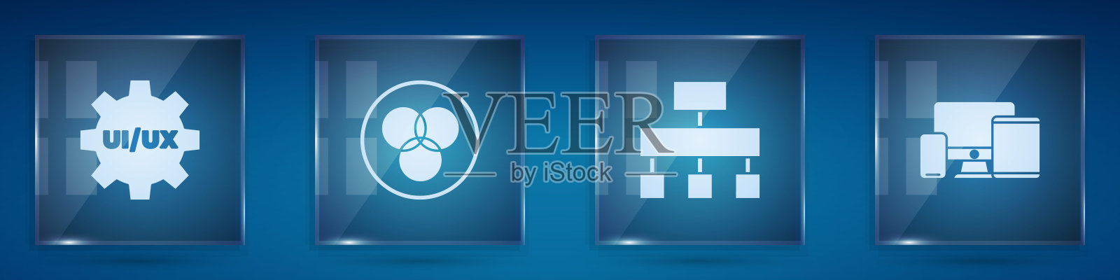 设置UI或UX设计，RGB和CMYK颜色混合，站点地图和监视器，手机，平板电脑。方形玻璃面板。向量插画图片素材