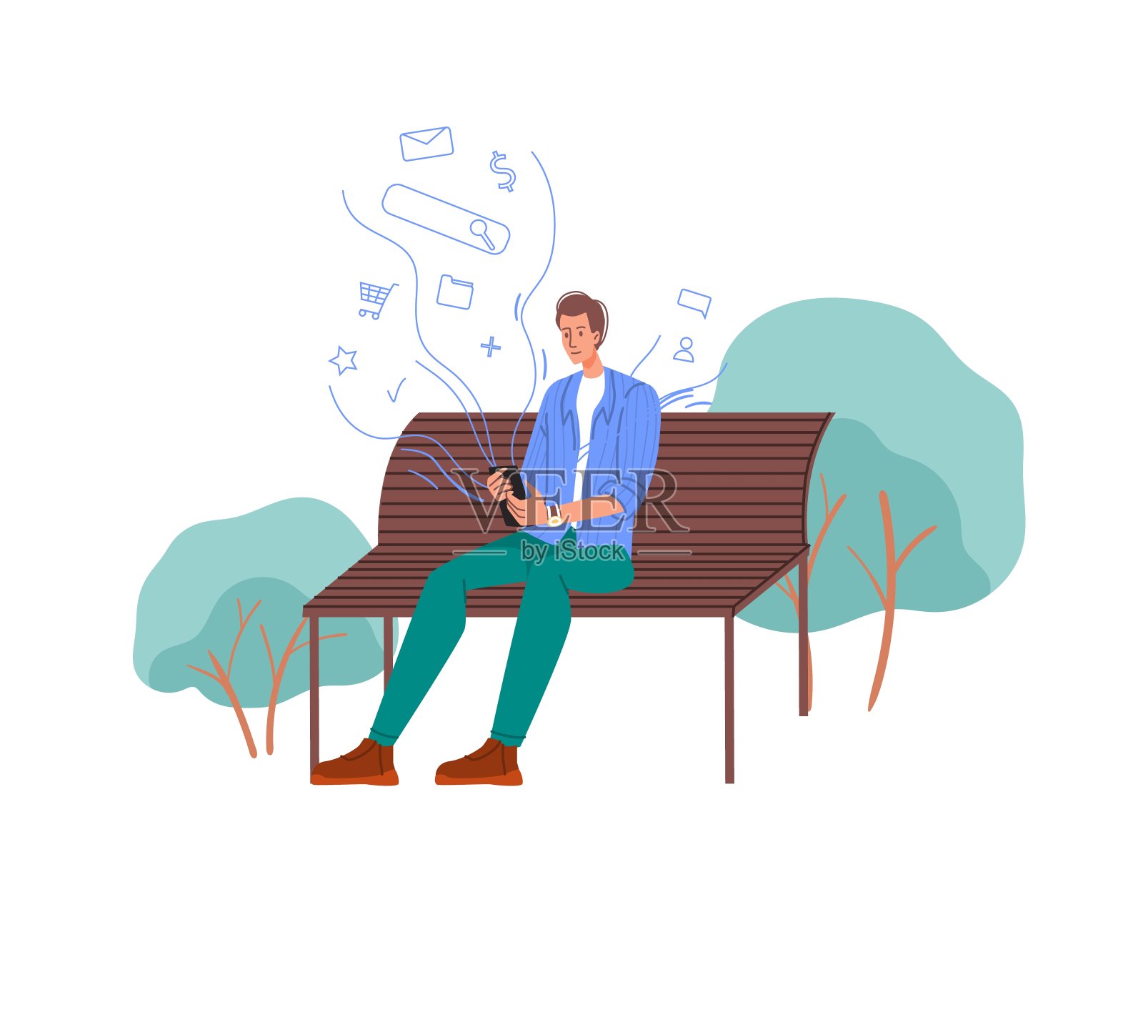 平面卡通人物上网，矢量插图概念插画图片素材