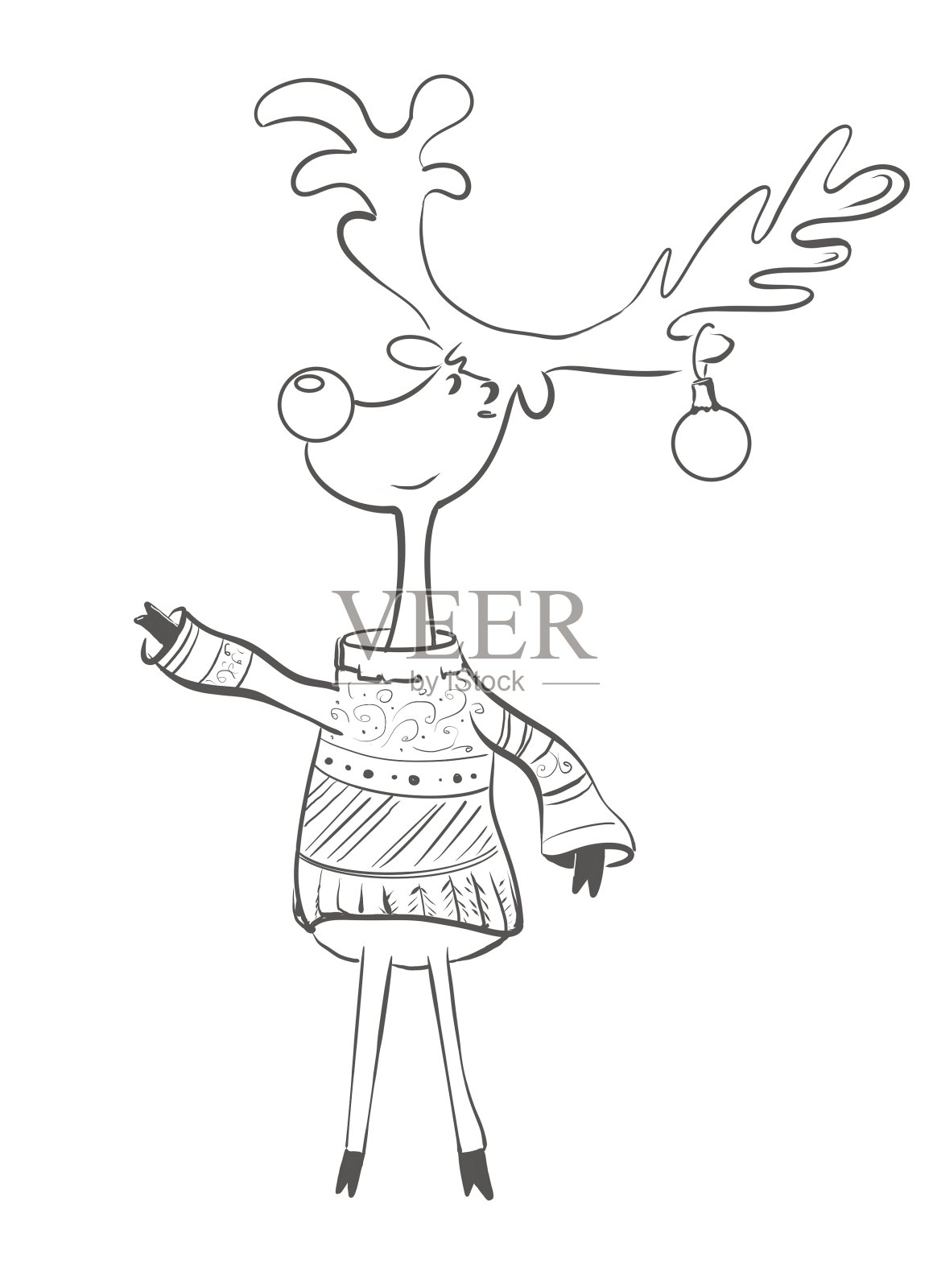 黑色和白色线圣诞鹿在蓝色毛衣。插图是手绘的。用于明信片、纸张、纺织品的字符插画图片素材