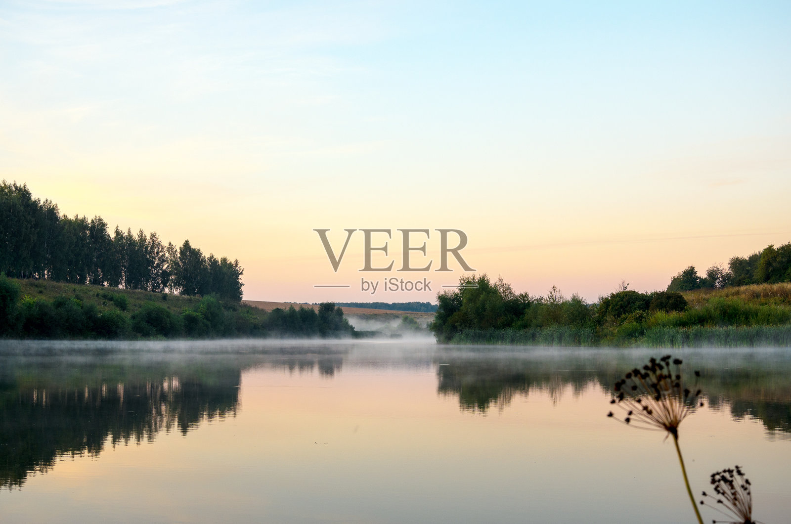 美丽的夏季景观与平静的河流日落照片摄影图片