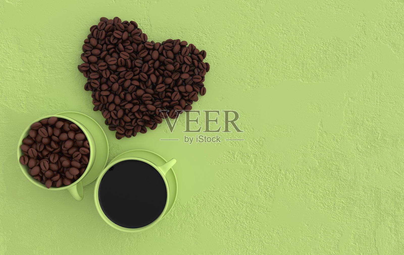咖啡杯和逼真的咖啡豆平铺，3d渲染背景。大量的咖啡豆靠近。照片摄影图片