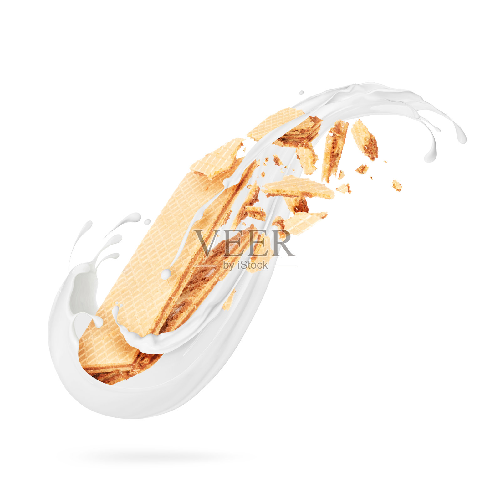 碎香草华夫饼在牛奶溅，孤立在白色背景照片摄影图片