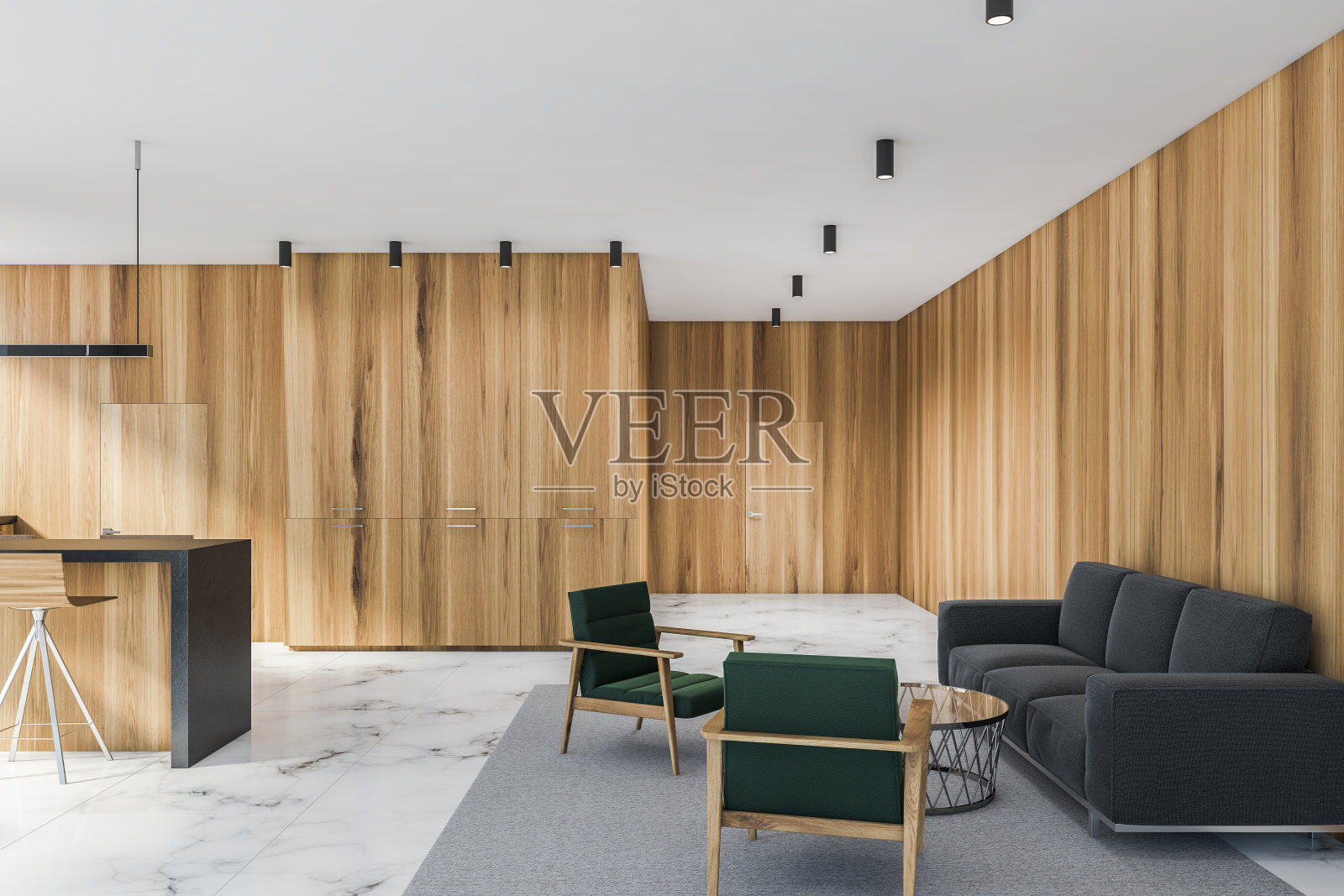 现代的木质客厅和灰色的沙发照片摄影图片