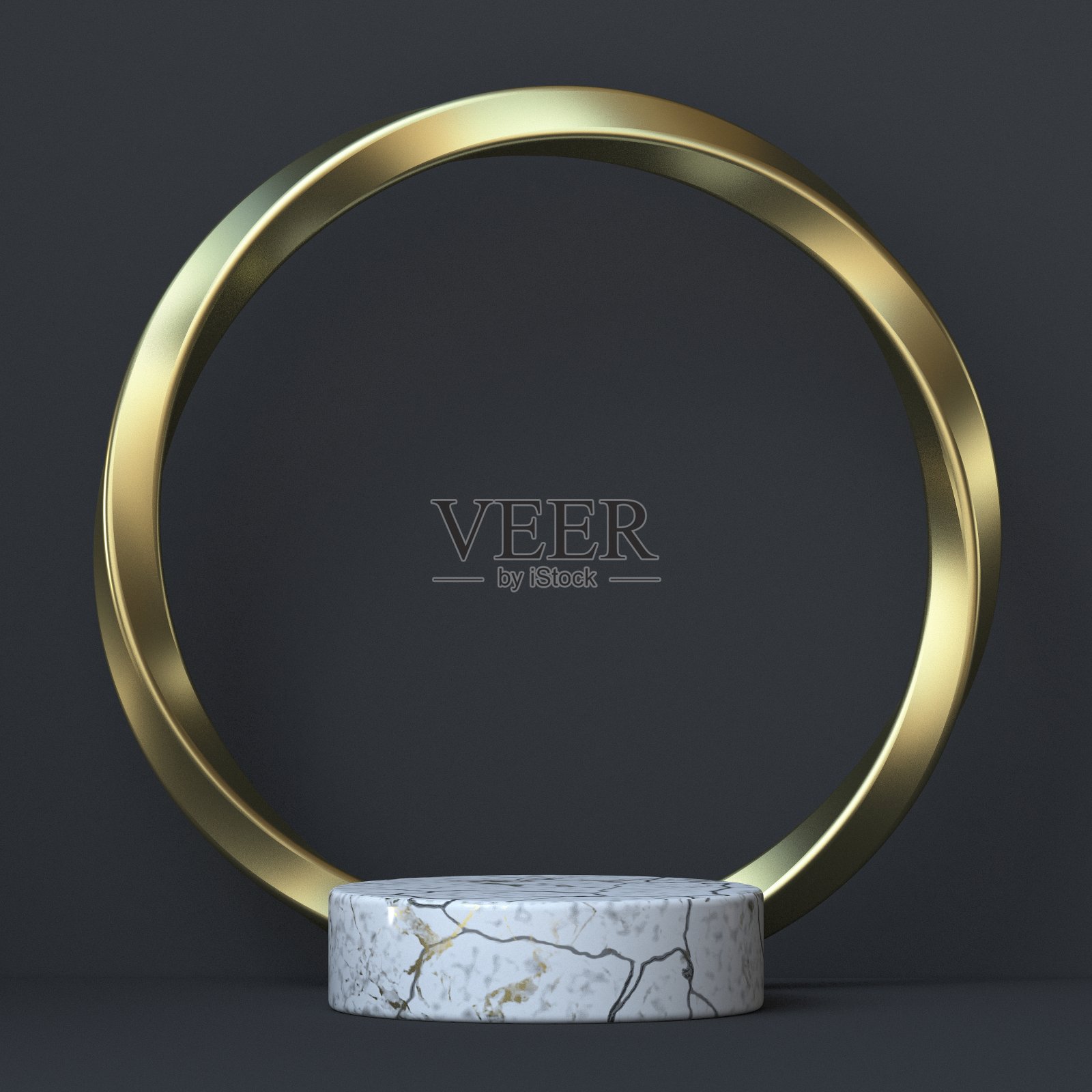 抽象背景扭曲的金色戒指和白色大理石舞台3D照片摄影图片