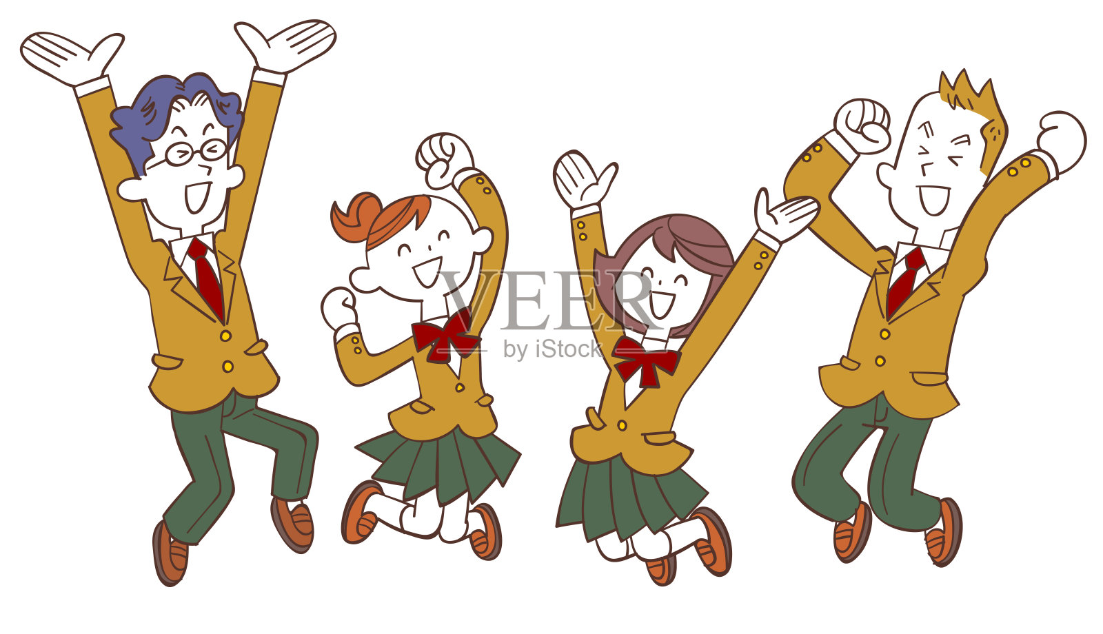穿着米色校服的男女同学欢快地跳着设计元素图片