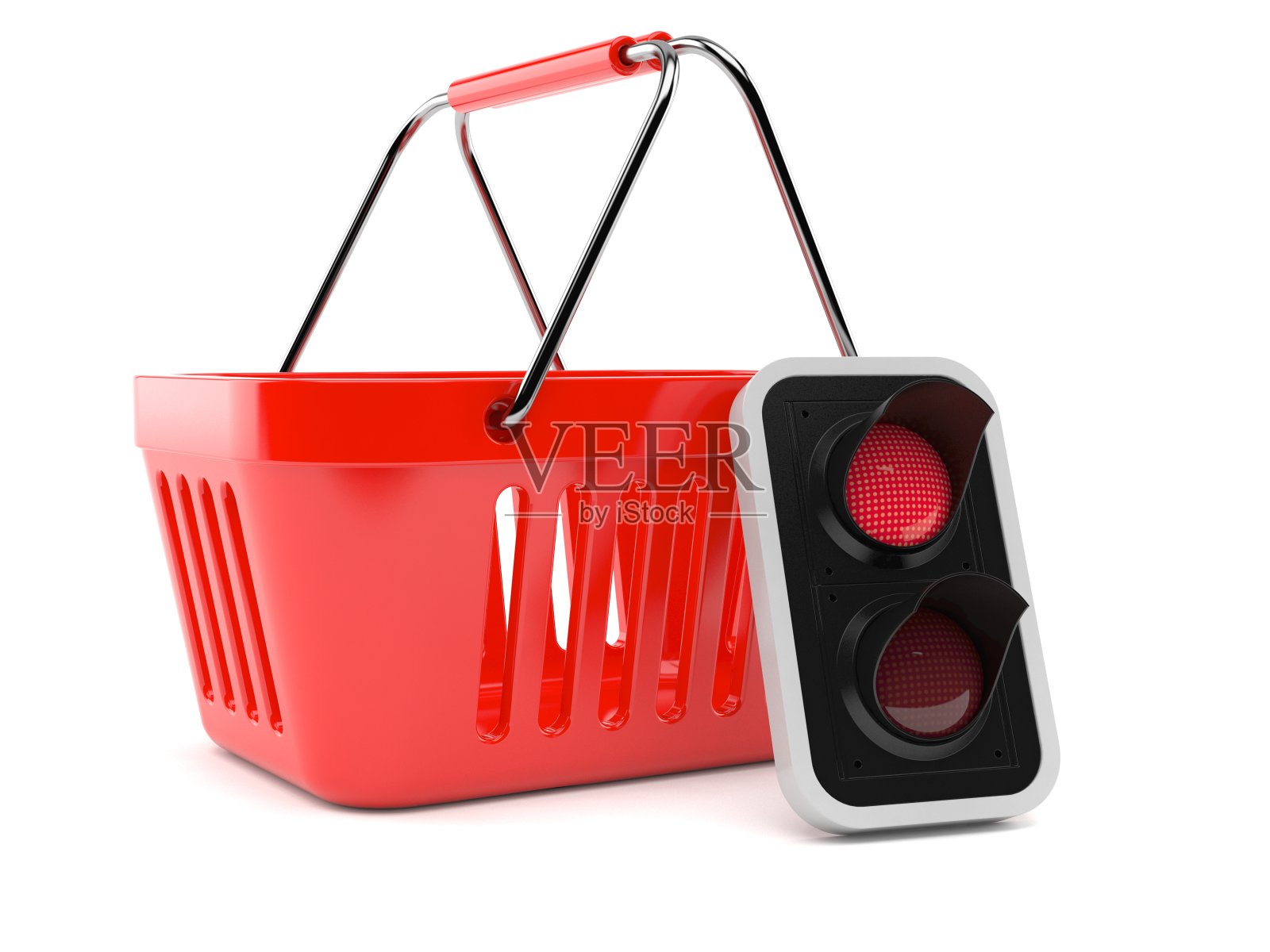 红色交通灯的购物篮照片摄影图片