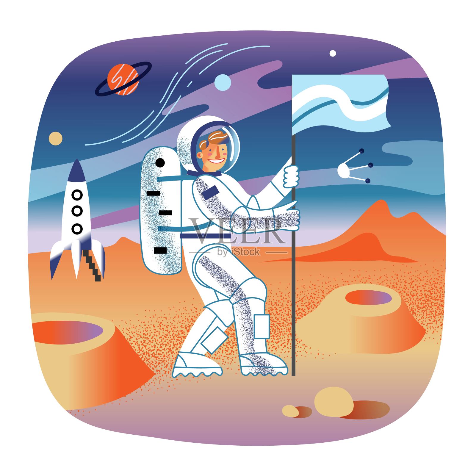 宇航员在行星表面插上旗帜。快乐微笑的人站在地上举着旗子。有行星，卫星的夜空。月球和行星旅行探索矢量插图插画图片素材