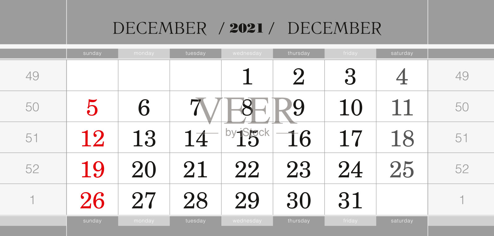 12月2021季度日历块。英文挂历，周日开始一周。设计模板素材