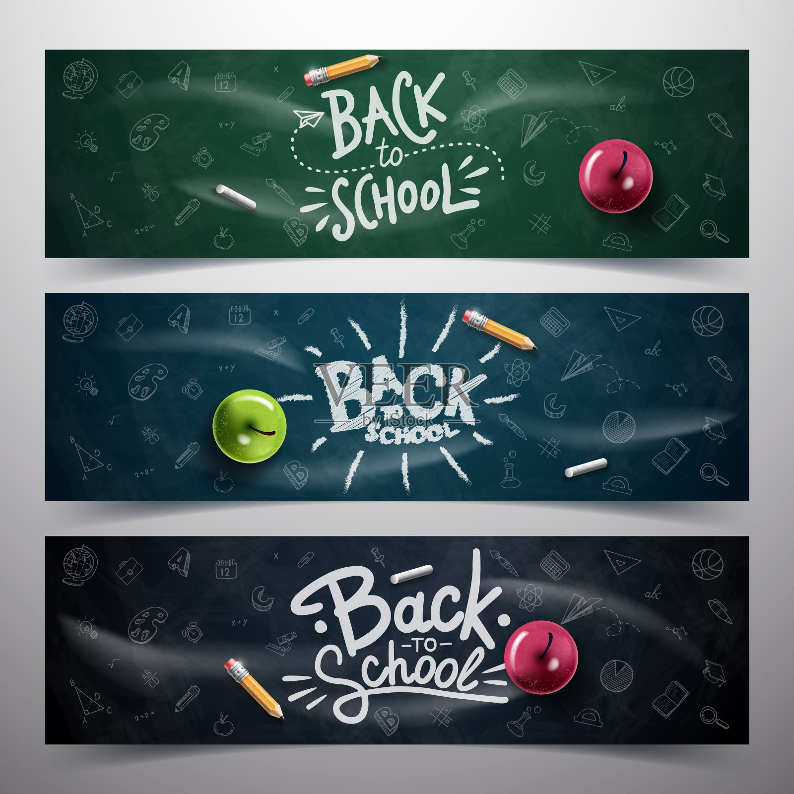 回到学校印刷横幅。黑板背景红苹果，铅笔和粉笔。插画图片素材
