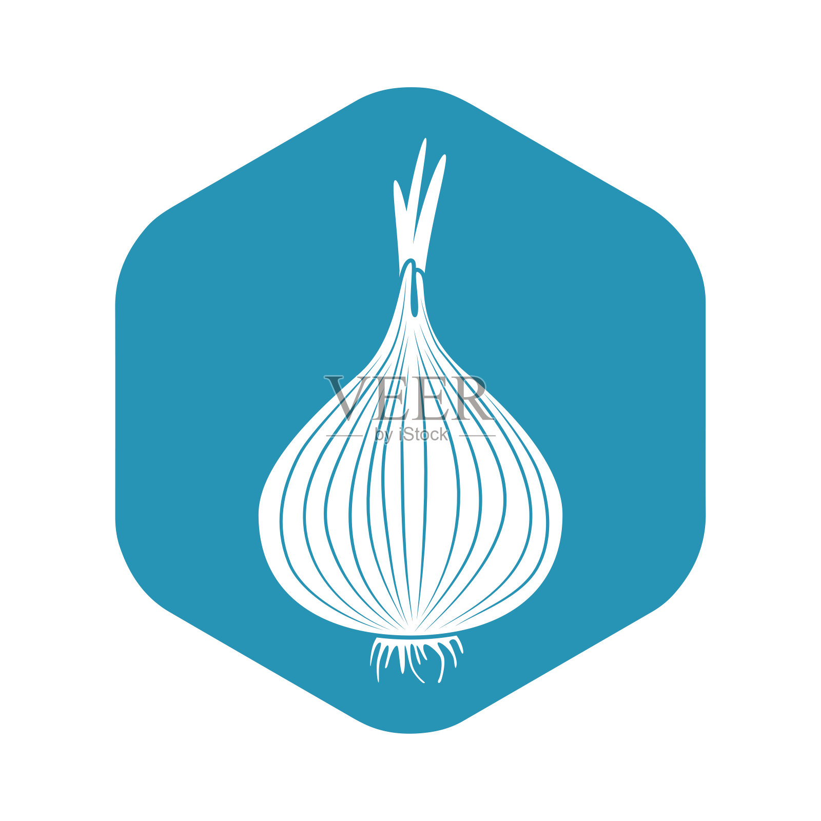洋葱图标。美味健康的根菜。蓝色六边形上白色的洋葱剪影。图标素材