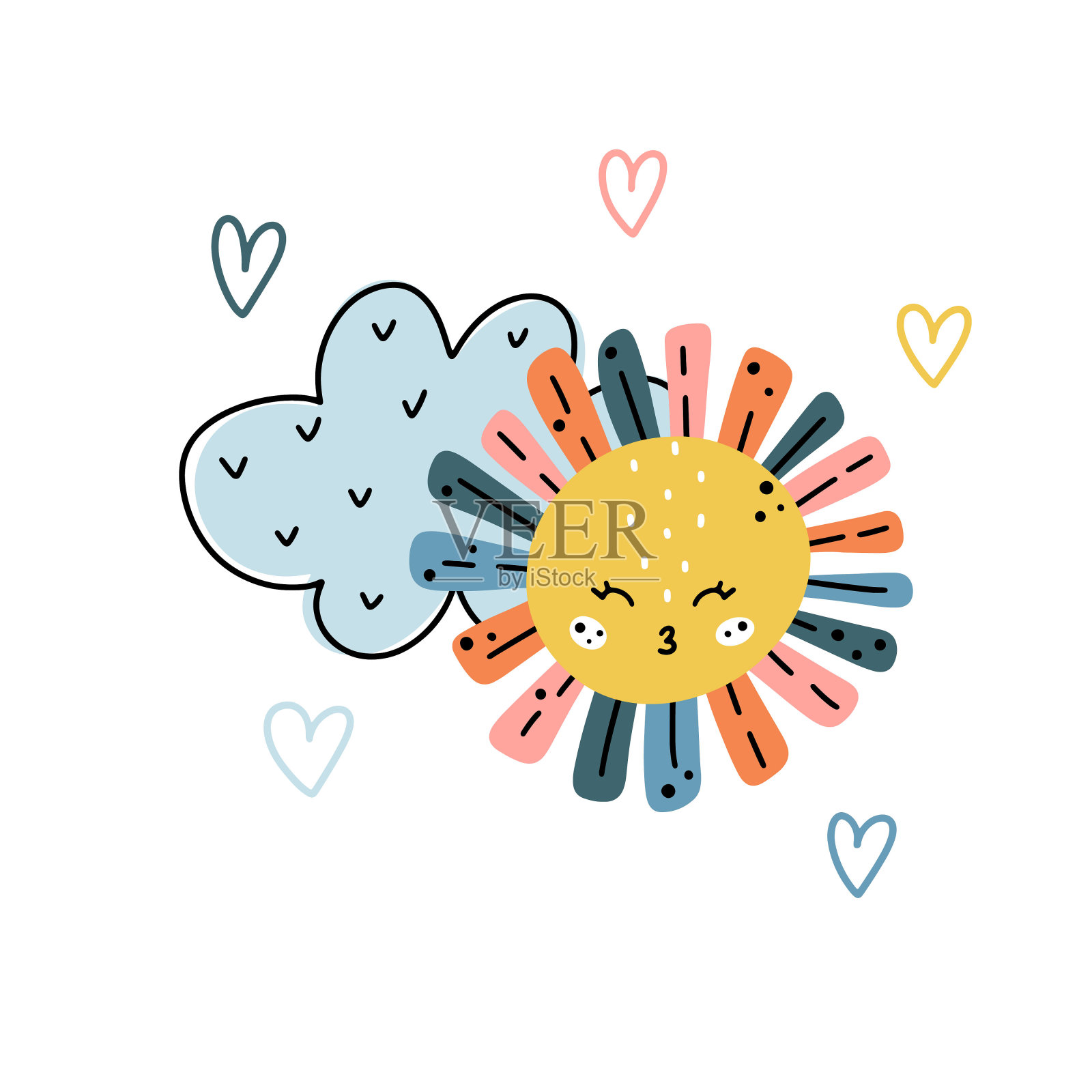 可爱的托儿所手绘插图与云，太阳和心脏形状的元素周围孤立的白色背景。斯堪的纳维亚风格矢量插图。插画图片素材