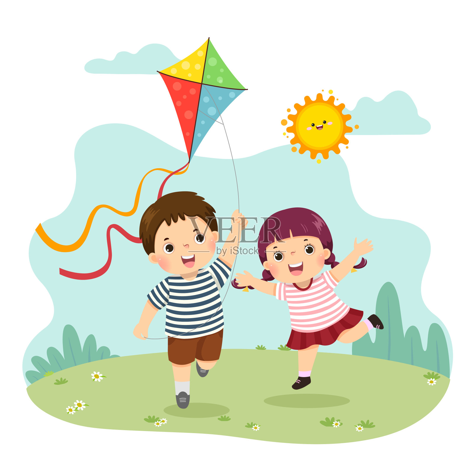 矢量插图卡通的一个小男孩和女孩在放风筝。兄弟姐妹一起玩。设计元素图片