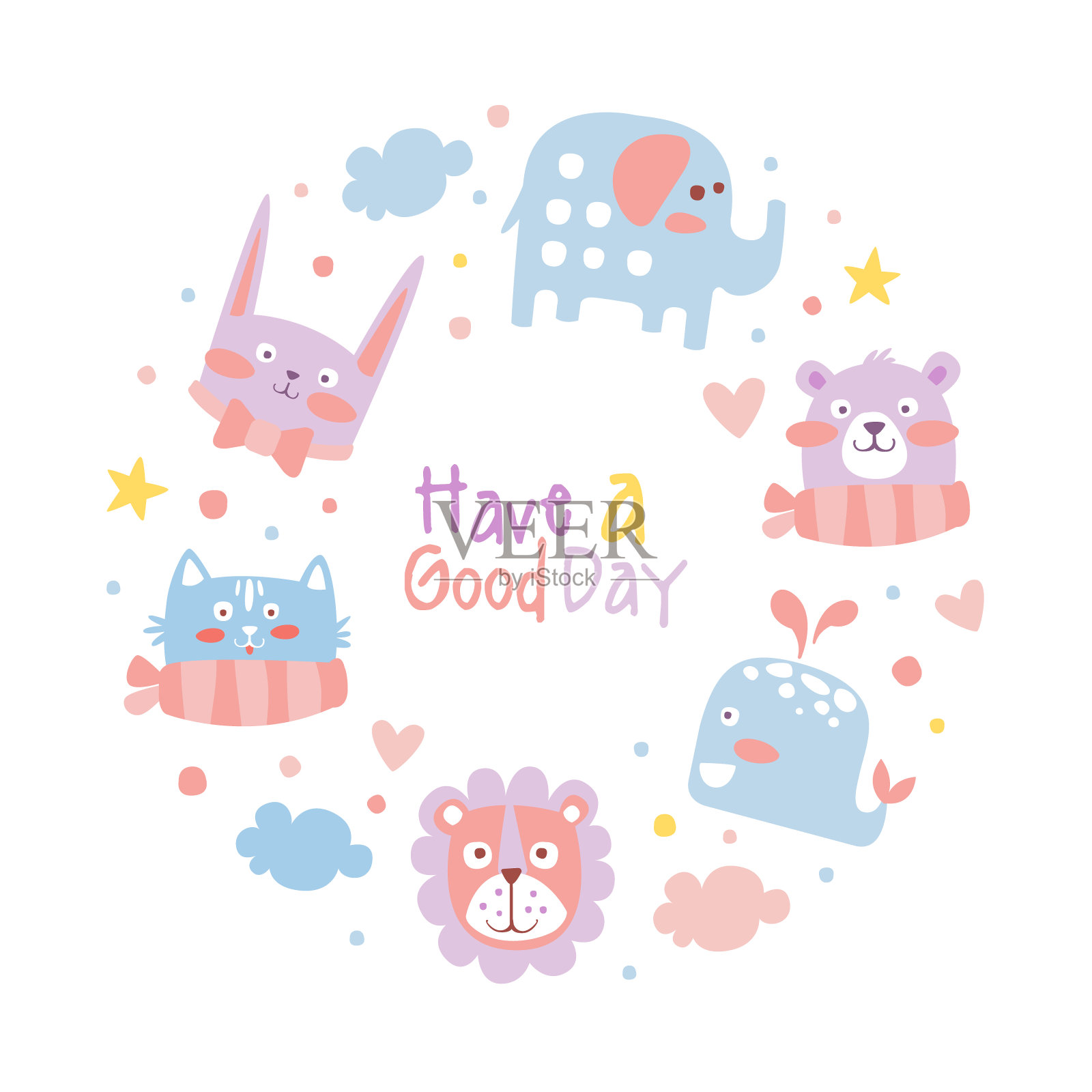 有可爱的小动物，海报，横幅，邀请，贺卡在蜡笔彩色卡通矢量插图美好的一天模板插画图片素材