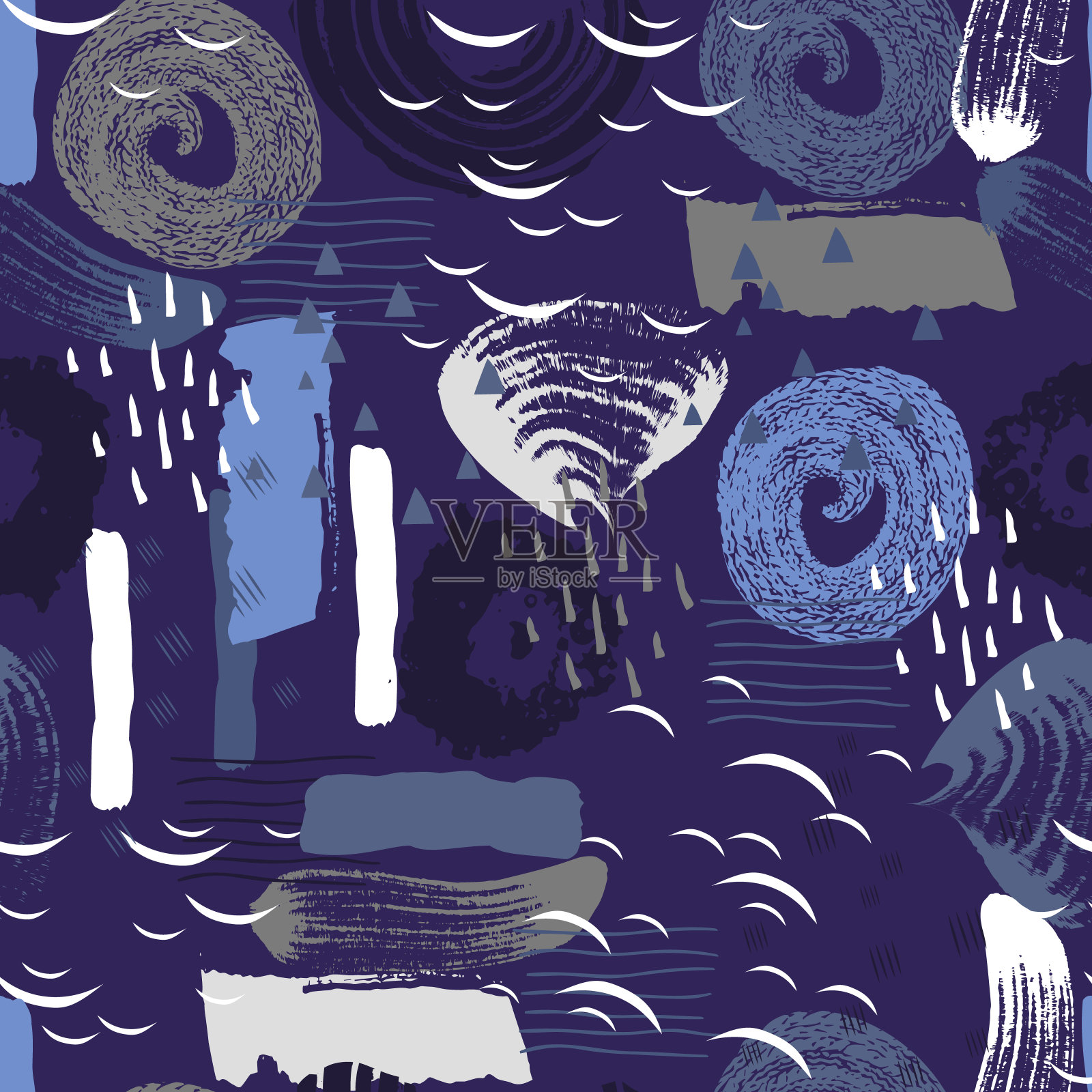 矢量无缝模式与抽象形状和涂鸦。创造性的纹理。油漆、墨水污渍。艺术背景插画图片素材