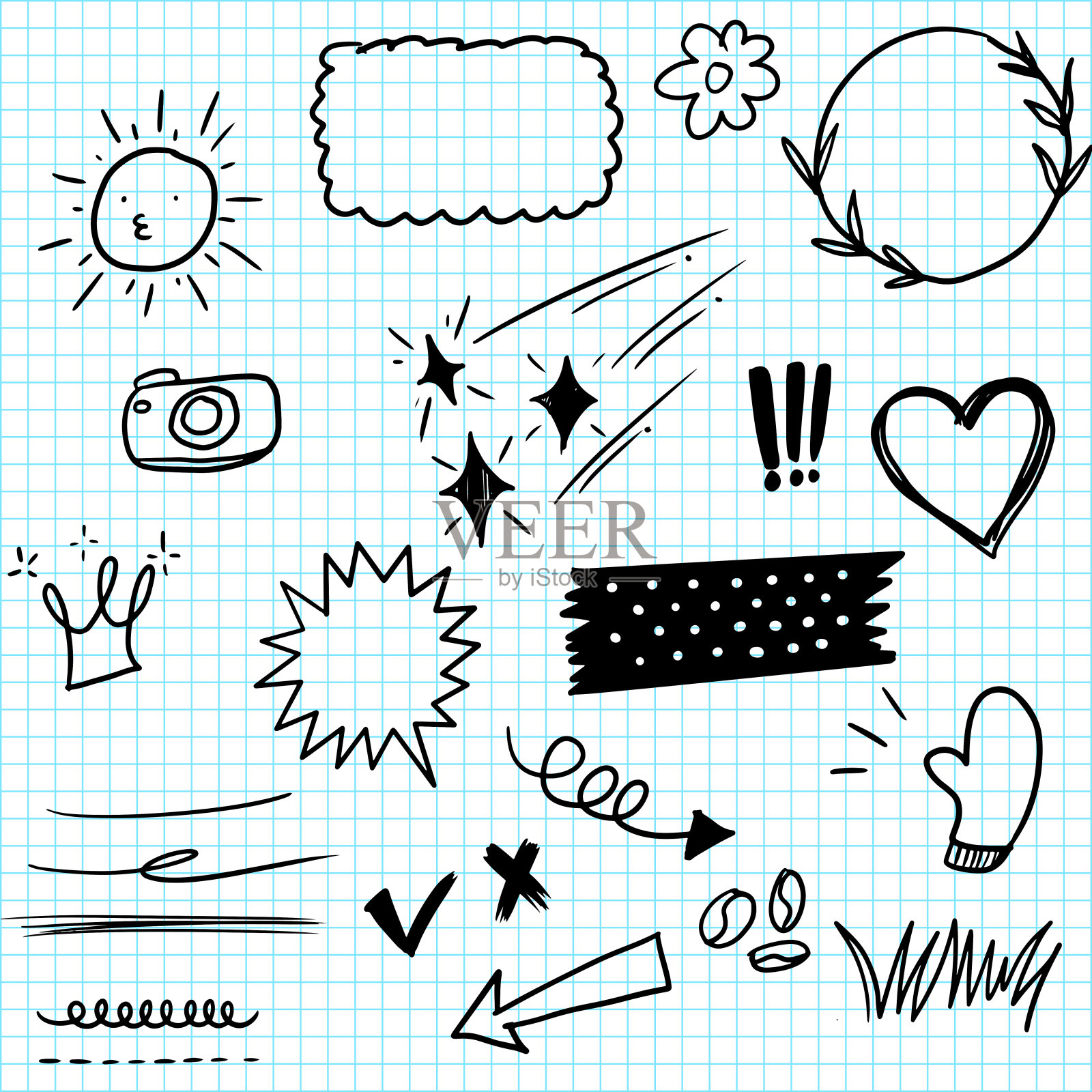 手绘固定元素，用于概念设计。涂鸦抽象孤立在纸上背景。矢量插图。插画图片素材